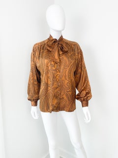 Silky Viscose Pussy Bow Blouse Top, Saffron and Black Paisley, Size 12/14, 1980s
