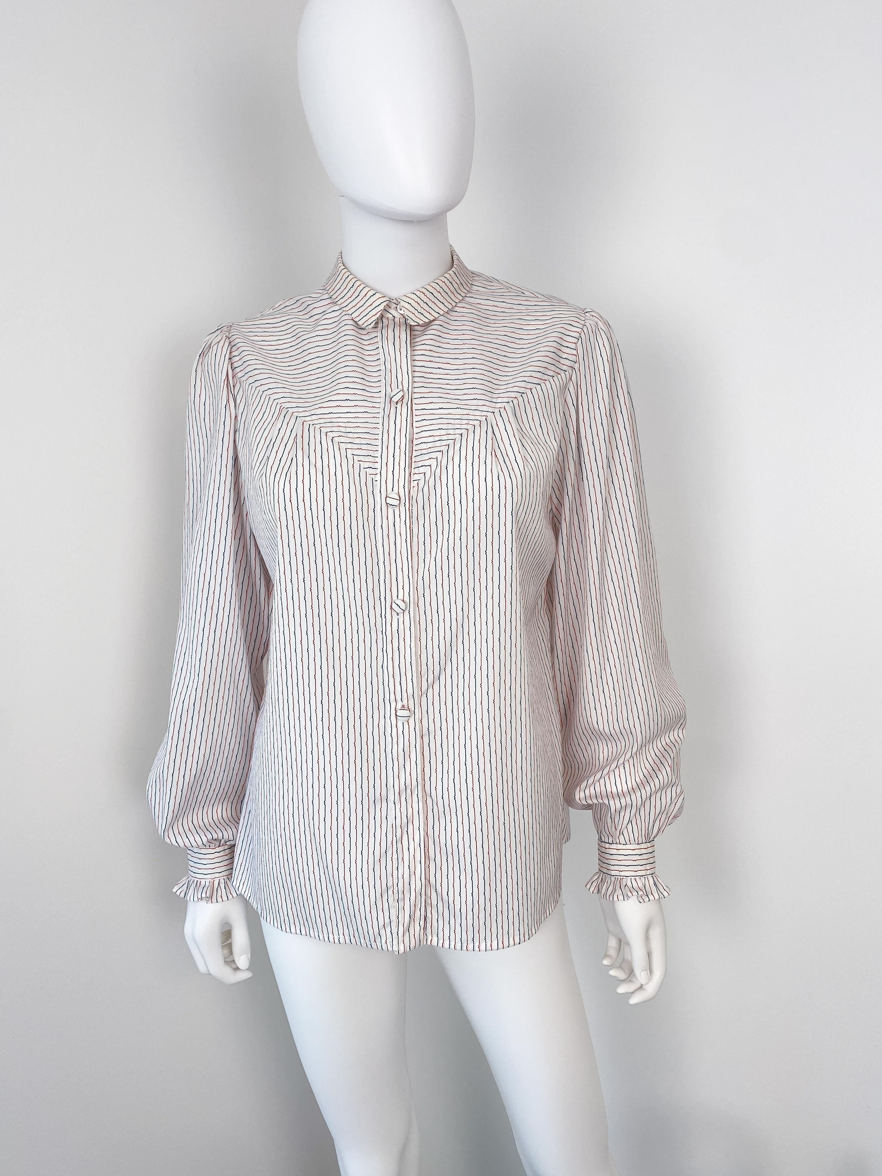 Silky Viscose Western Blouse Top Red and Blue Stripes Size 10/12, 1980s im Angebot 6