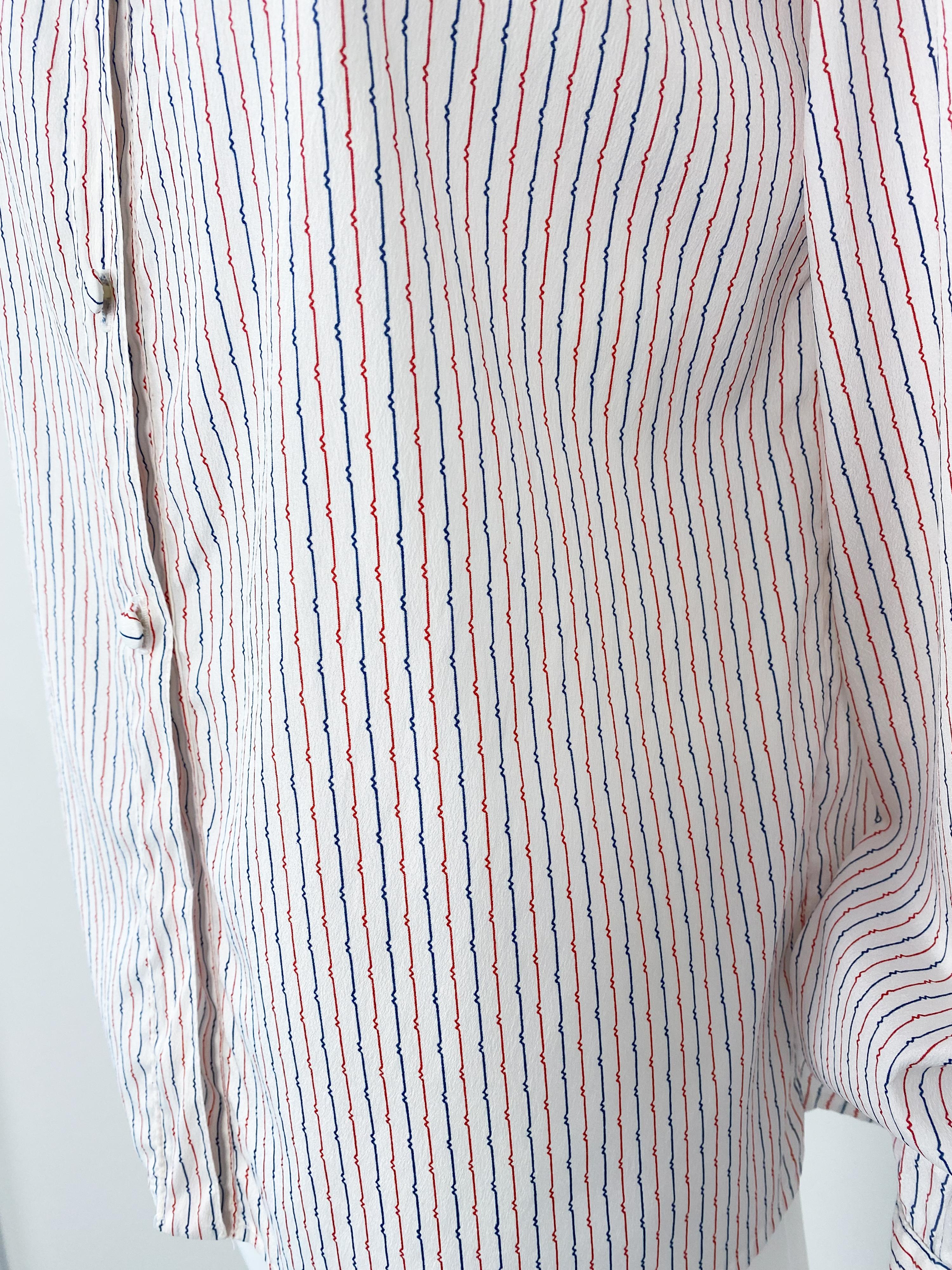 Silky Viscose Western Blouse Top Red and Blue Stripes Size 10/12, 1980s im Angebot 3