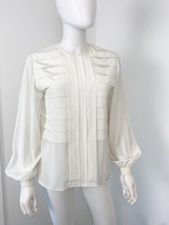 Silky Viscose White Blouse Top with Origami Pleat Size 10/12, 1970s