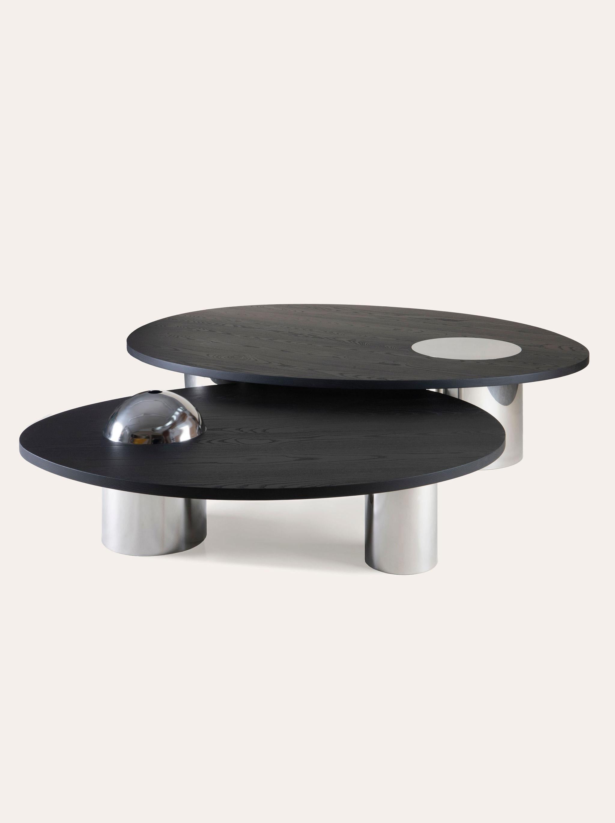 XXIe siècle et contemporain Konekt Silo Coffee Table Large - Blackened Ash and Polished Stainless Steel en vente