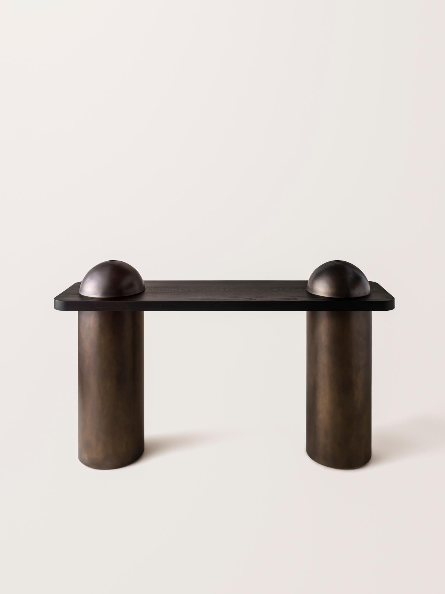 American Silo Console Table - Blackened Ash and Oil-Rubbed Bronze (with Domes) For Sale