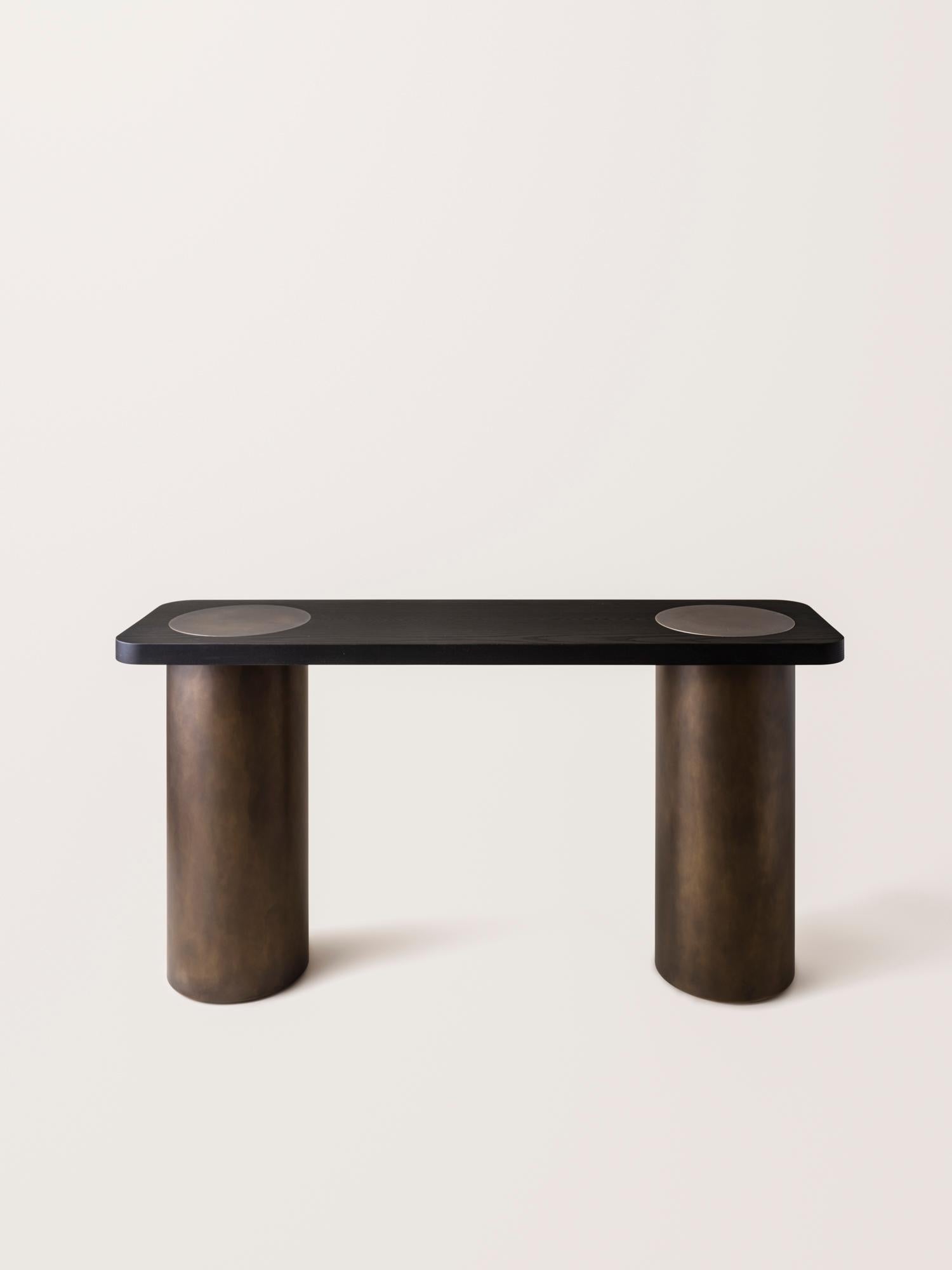 Silo Console Table - Blackened Ash and Oil-Rubbed Bronze (with Domes) In New Condition For Sale In New York, NY