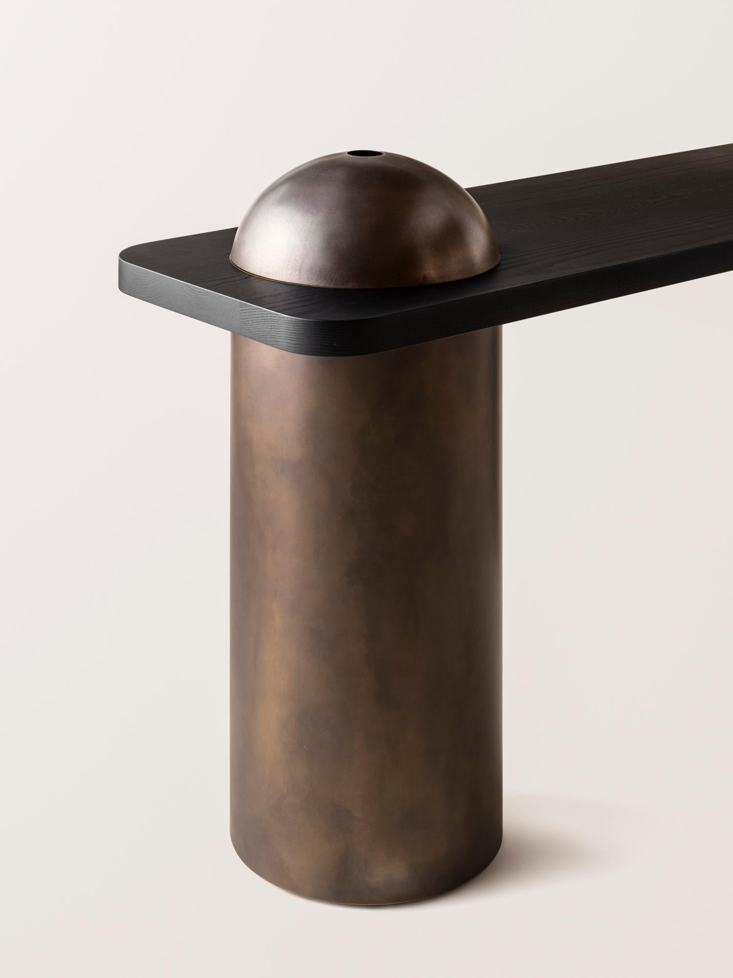Contemporary Silo Console Table - Blackened Ash and Oil-Rubbed Bronze (with Domes) For Sale