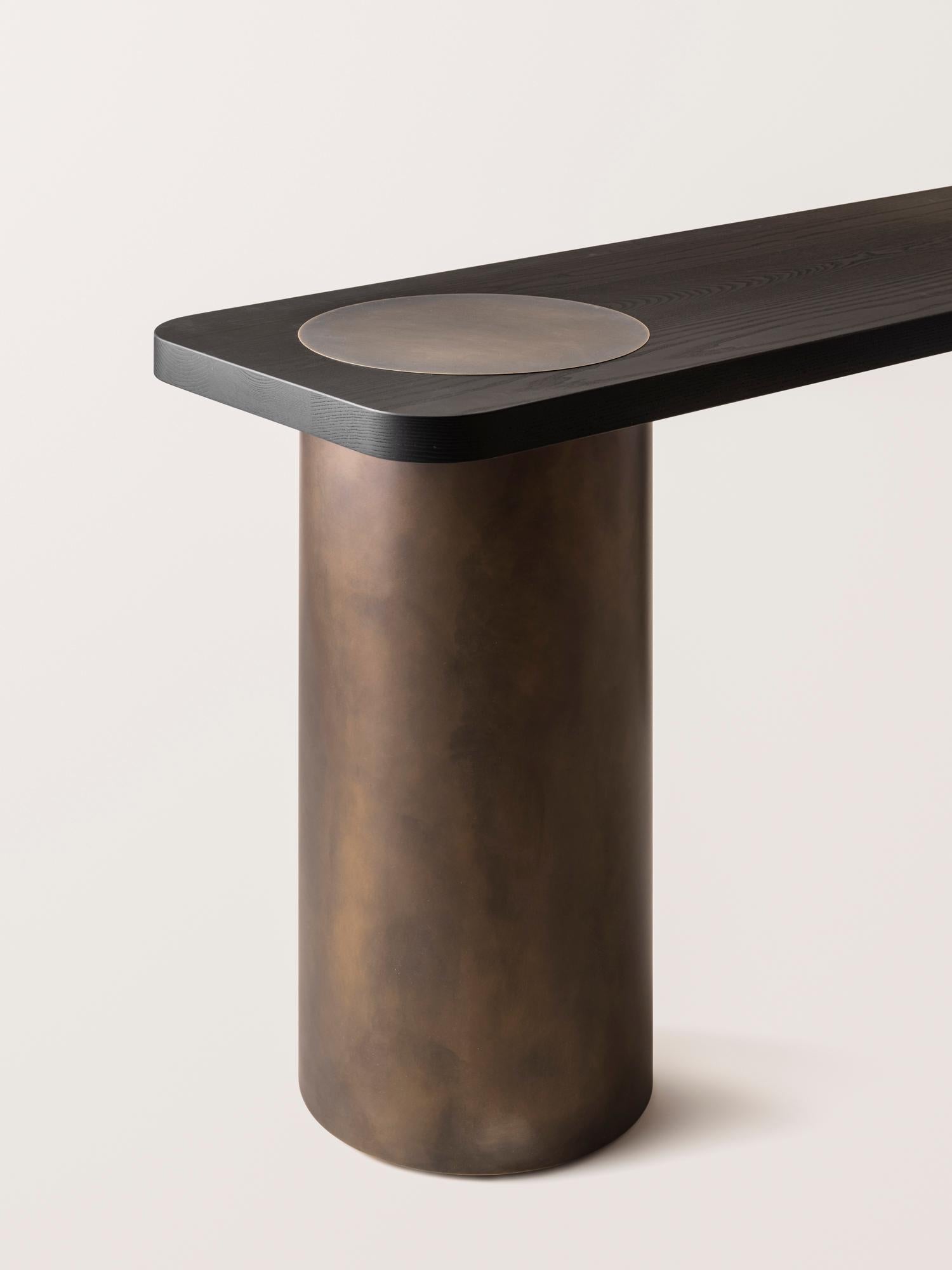Brass Silo Console Table - Blackened Ash and Oil-Rubbed Bronze (with Domes) For Sale