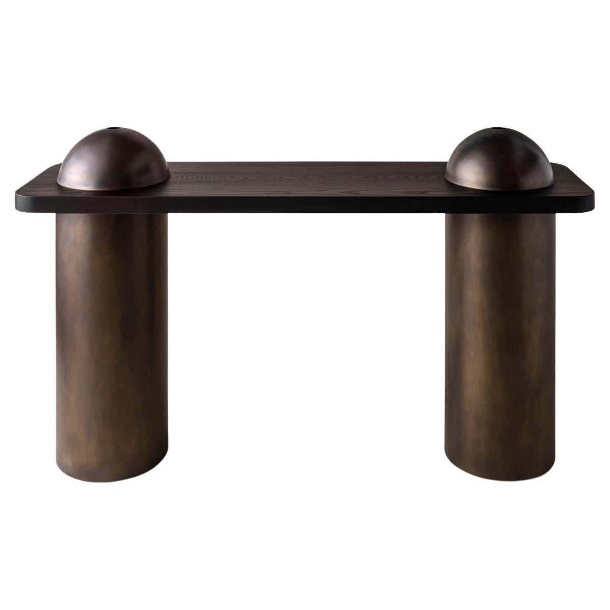 Silo Console Table - Blackened Ash and Oil-Rubbed Bronze (with Domes) For Sale