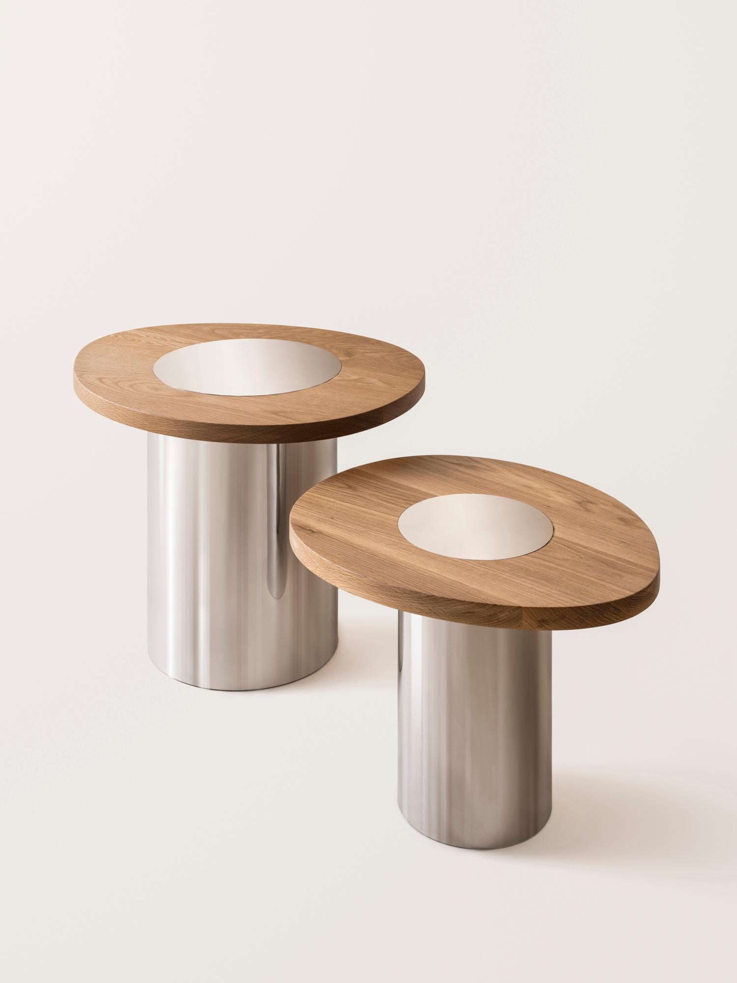 Silo Side Table Large - Oak and Polished Stainless Steel For Sale 5