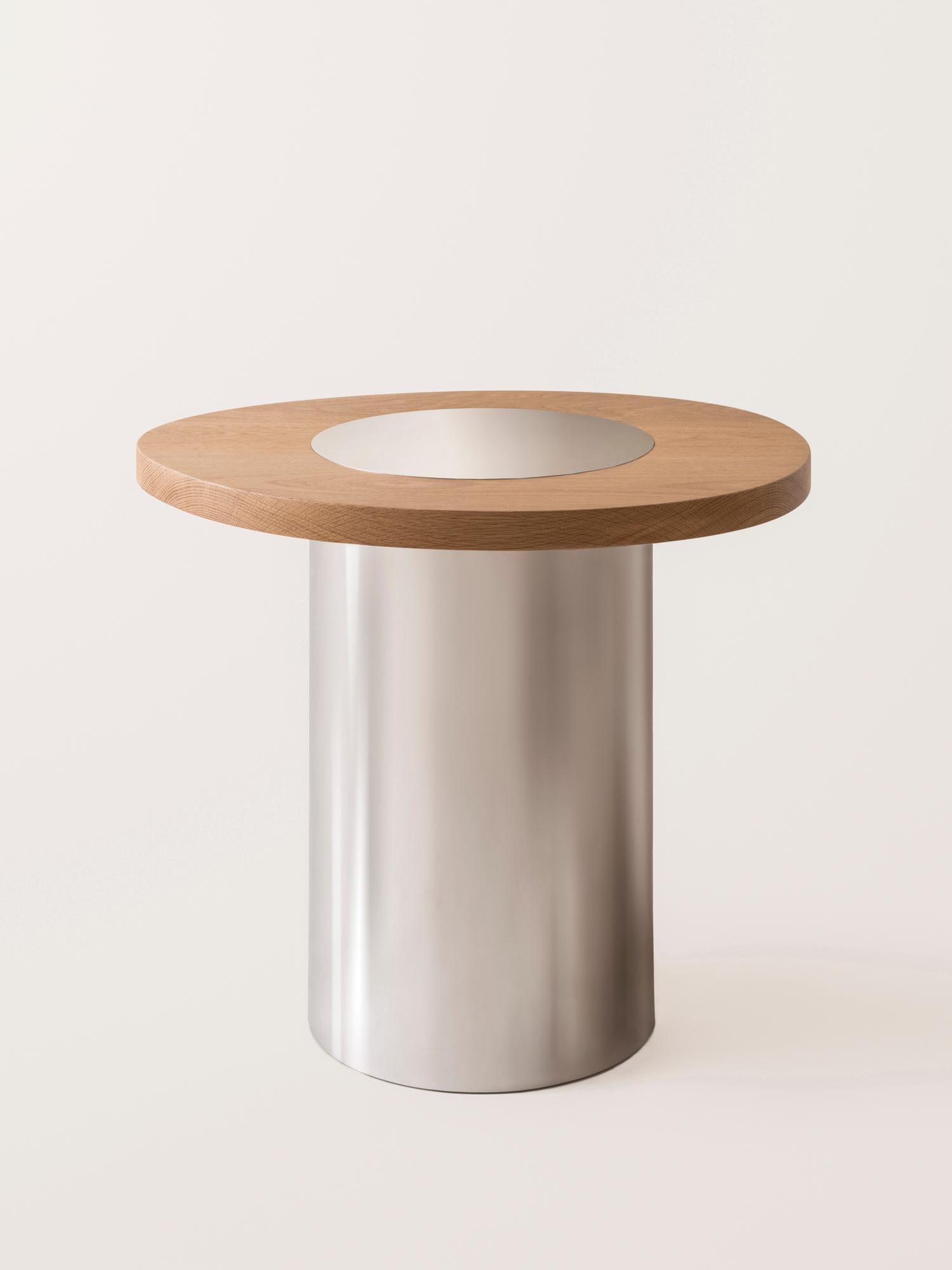 Silo Side Table Large - Oak and Polished Stainless Steel In New Condition For Sale In New York, NY