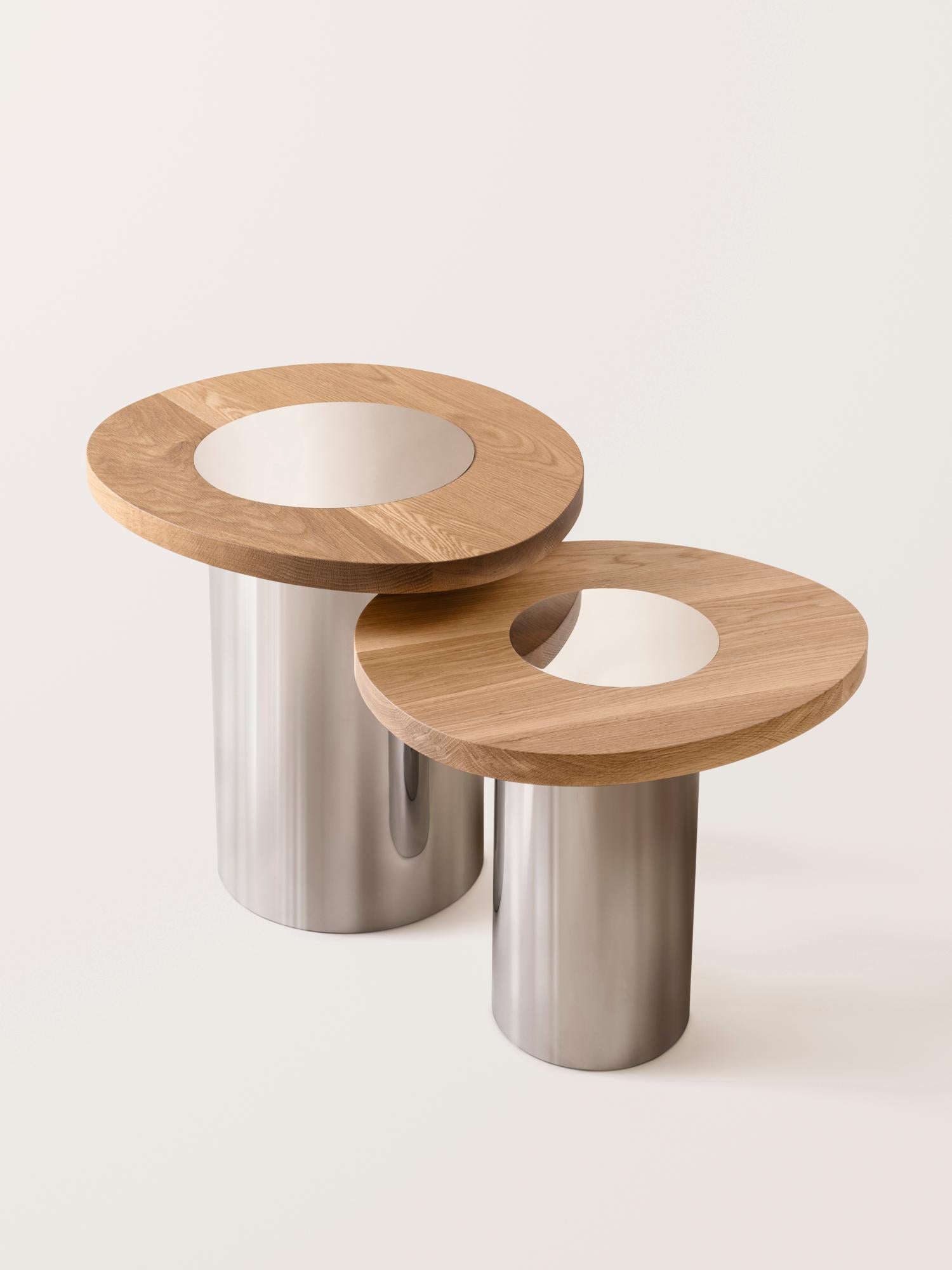 Silo Side Table Large - Oak and Polished Stainless Steel For Sale 3