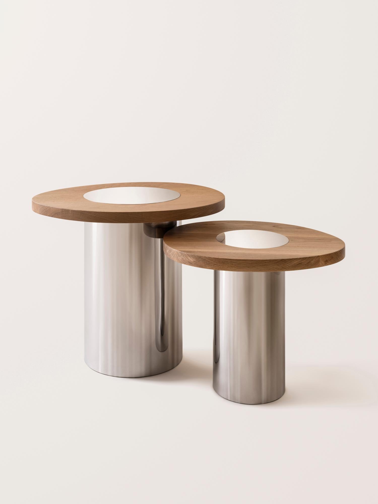 Silo Side Table Large - Oak and Polished Stainless Steel For Sale 4