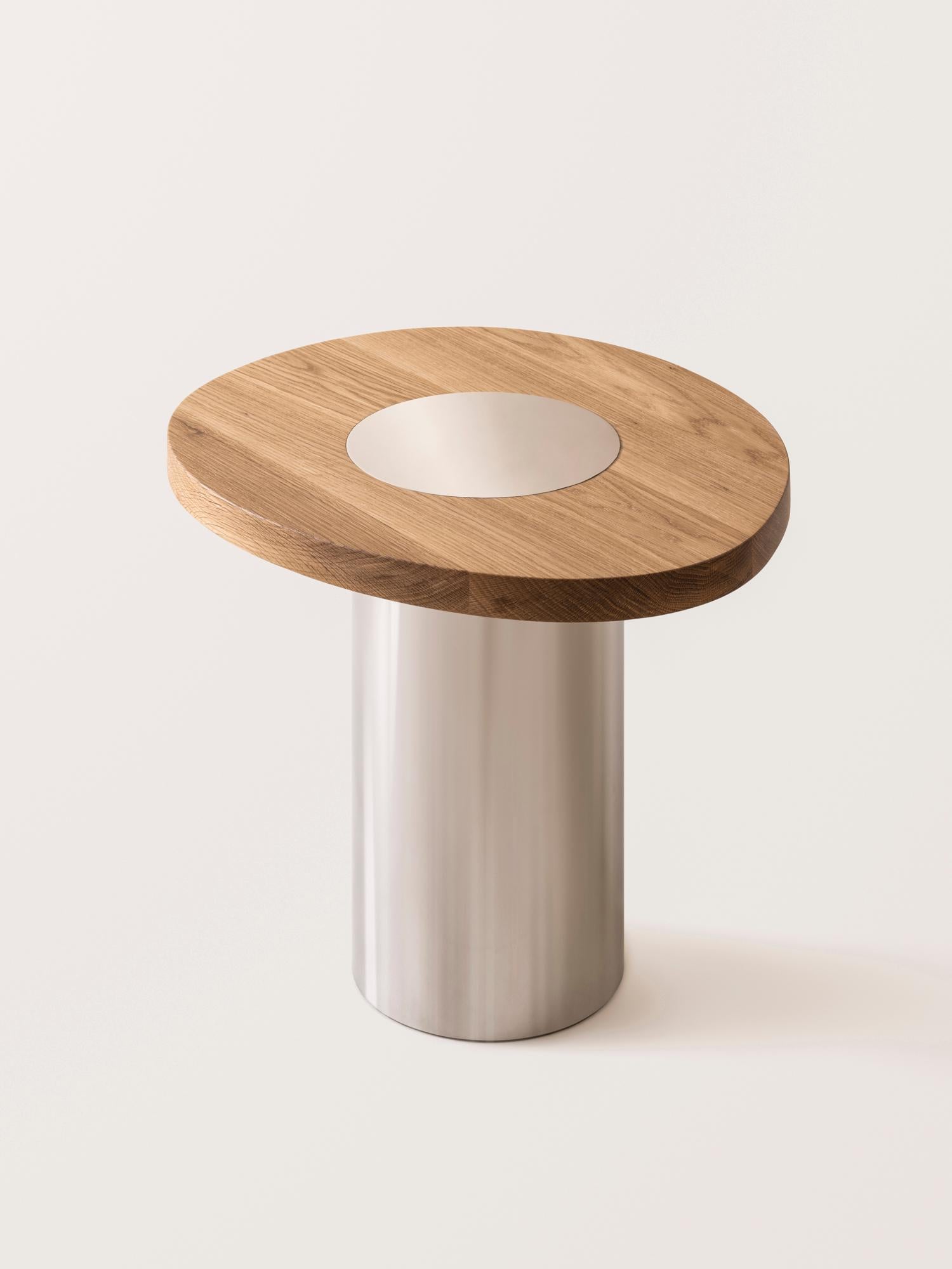 American Silo Side Table Medium - Oak and Polished Stainless Steel For Sale