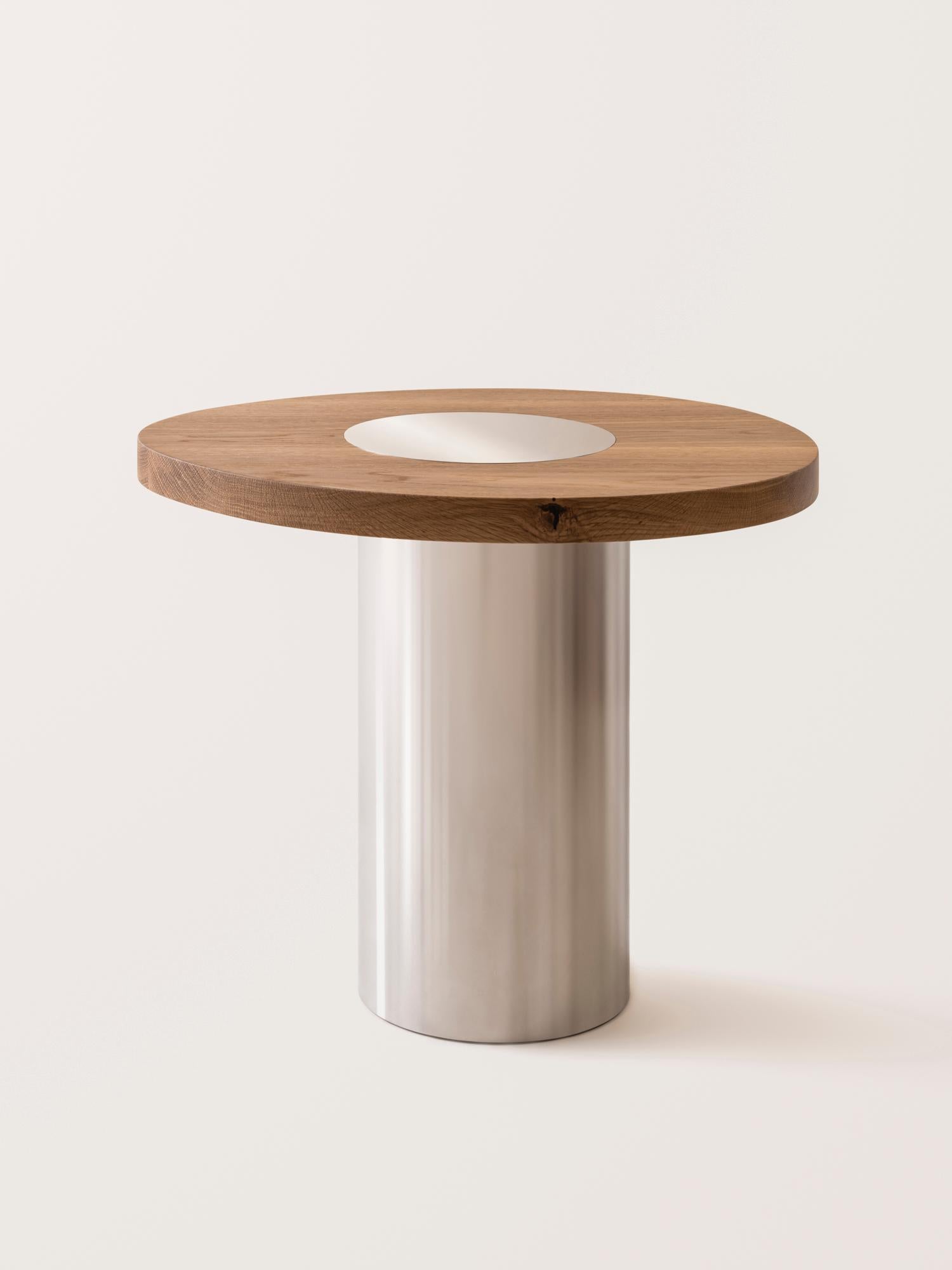 Silo Side Table Medium - Oak and Polished Stainless Steel In New Condition For Sale In New York, NY
