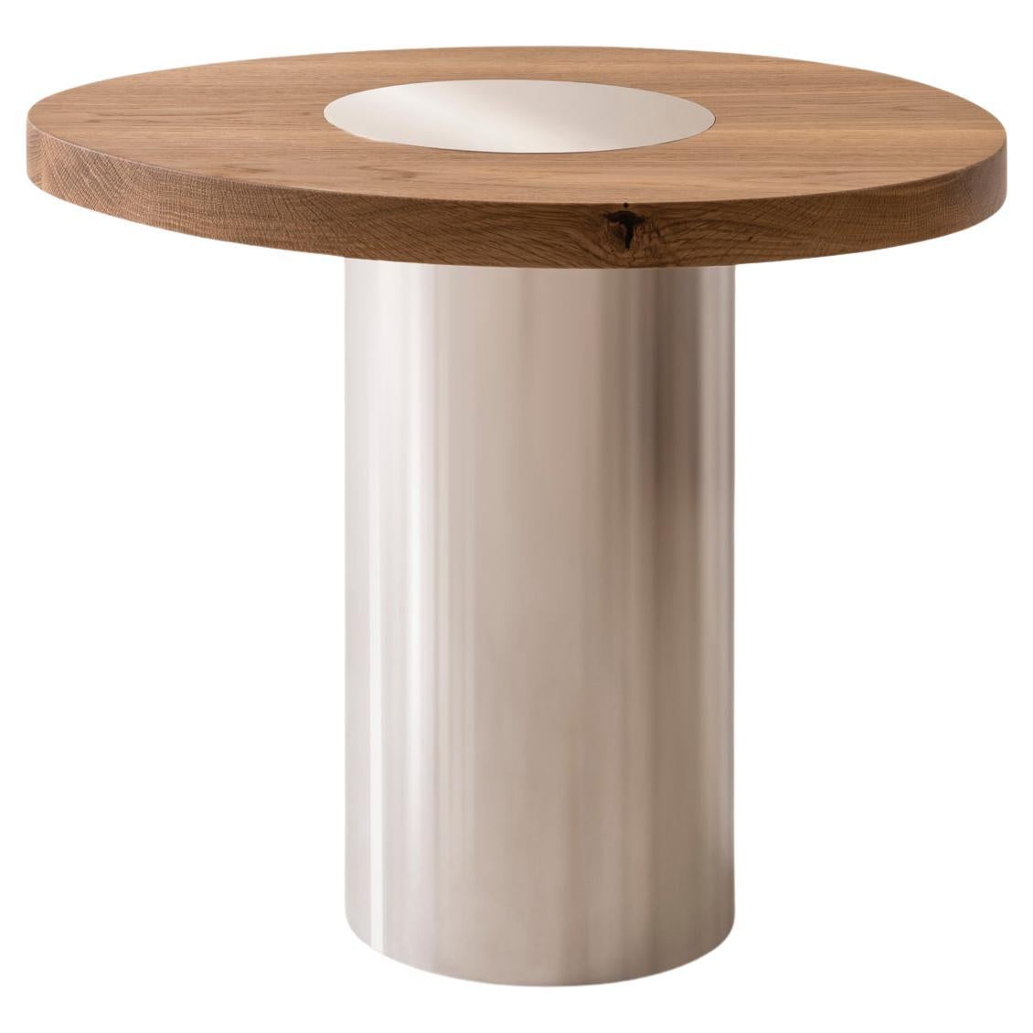 Silo Side Table Medium - Oak and Polished Stainless Steel For Sale
