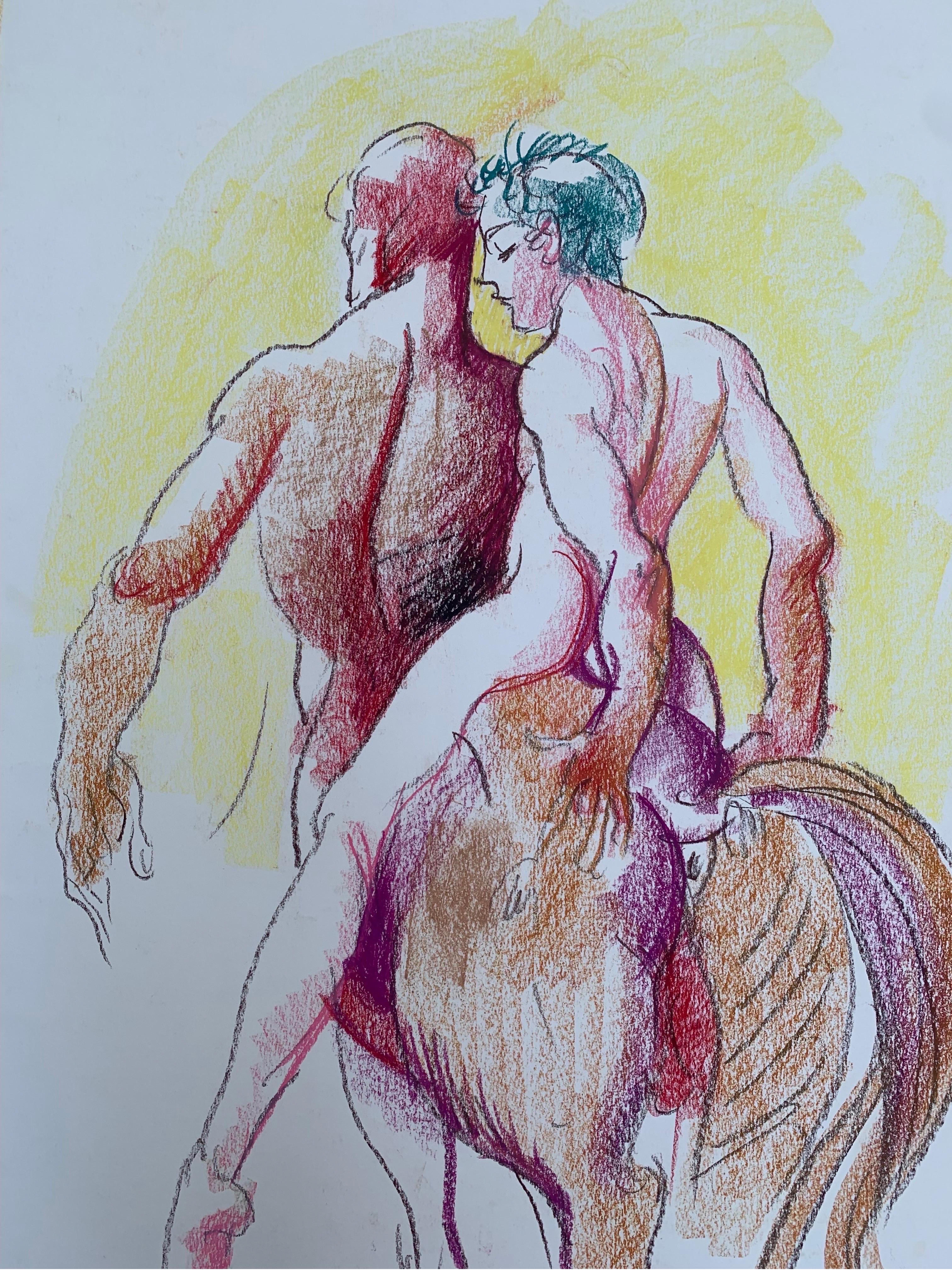 Achille chevauchant le cheval du Centaure Chiron de Marco Silombria. Signé par l'artiste.  - Painting de Silombria Marco