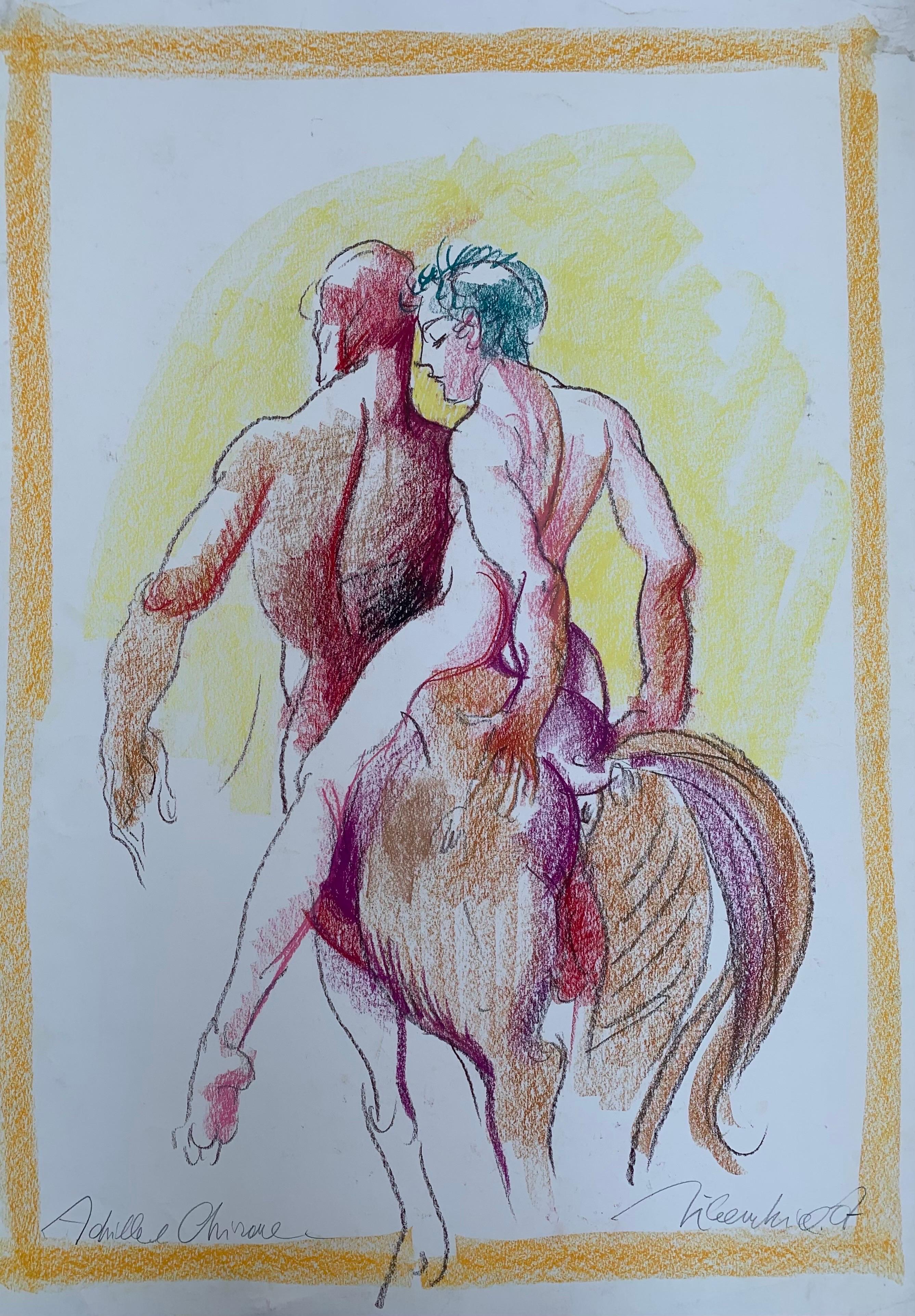 Nude Painting Silombria Marco - Achille chevauchant le cheval du Centaure Chiron de Marco Silombria. Signé par l'artiste. 