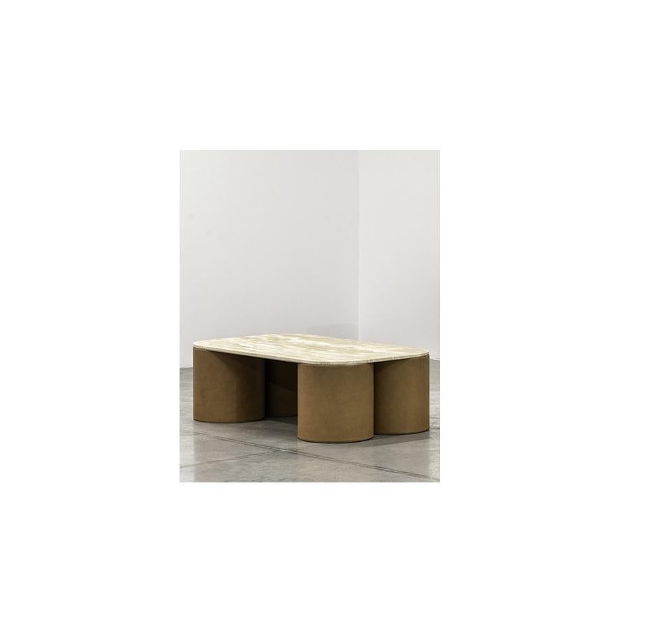 Silos Coffee Table in Steel, Paper, Vegetable Leather & Travertine by UNIQKA
Designed by Studiopepe
Dimensions: D 60 x W 100 x H 32 cm. 
Materials: Vegetable-tanned leather, paper, and steel.

Available in different color options. Please contact