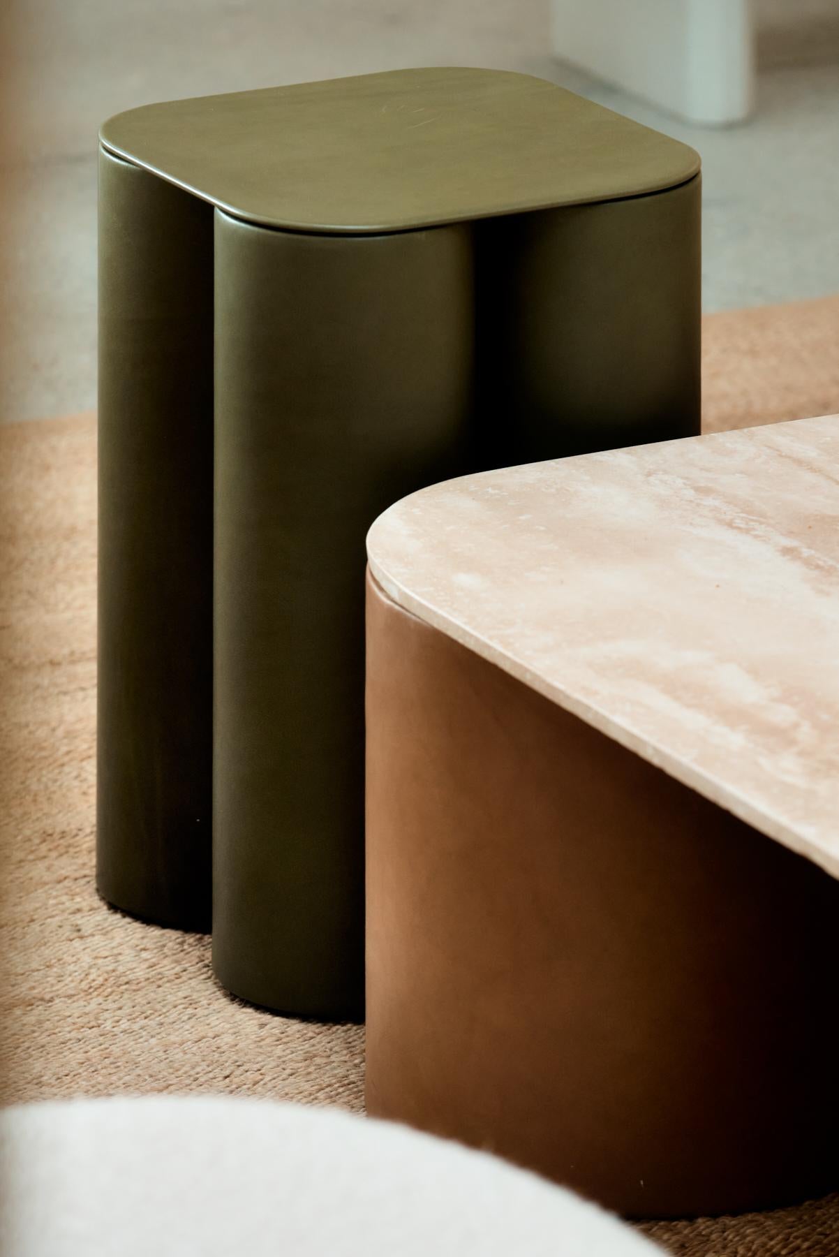 Turkish Silos Coffee Table in Steel, Paper, Vegetable Leather & Travertine by UNIQKA For Sale