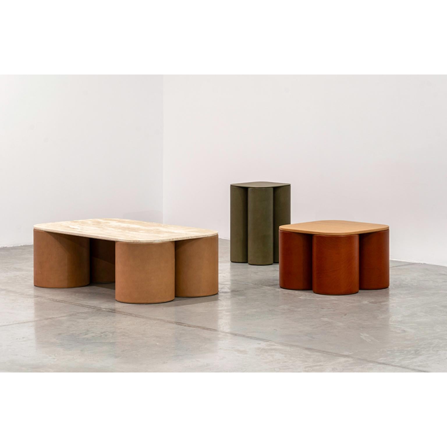 Contemporary Silos Coffee Table in Steel, Paper, Vegetable Leather & Travertine by UNIQKA For Sale