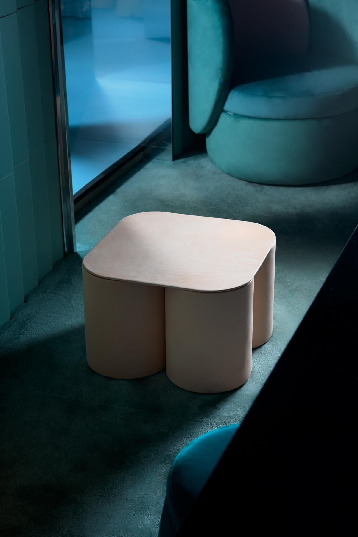 Silos Medium Side Table in Steel, Paper & Vegetable Tanned Leather by UNIQKA
Designed by Studiopepe
Dimensions: D 48 x W 48 x H 31 cm. 
Materials: Vegetable-tanned leather, paper, and steel.

Available in different color options. Please contact