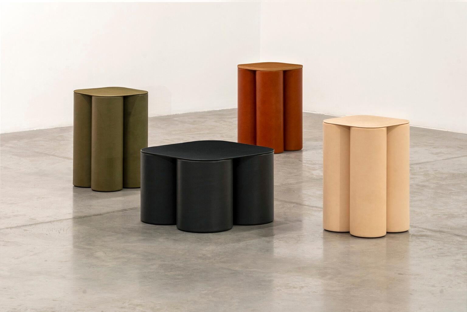Silos Medium Side Table in Steel, Paper & Vegetable Tanned Leather by UNIQKA In New Condition For Sale In Geneve, CH