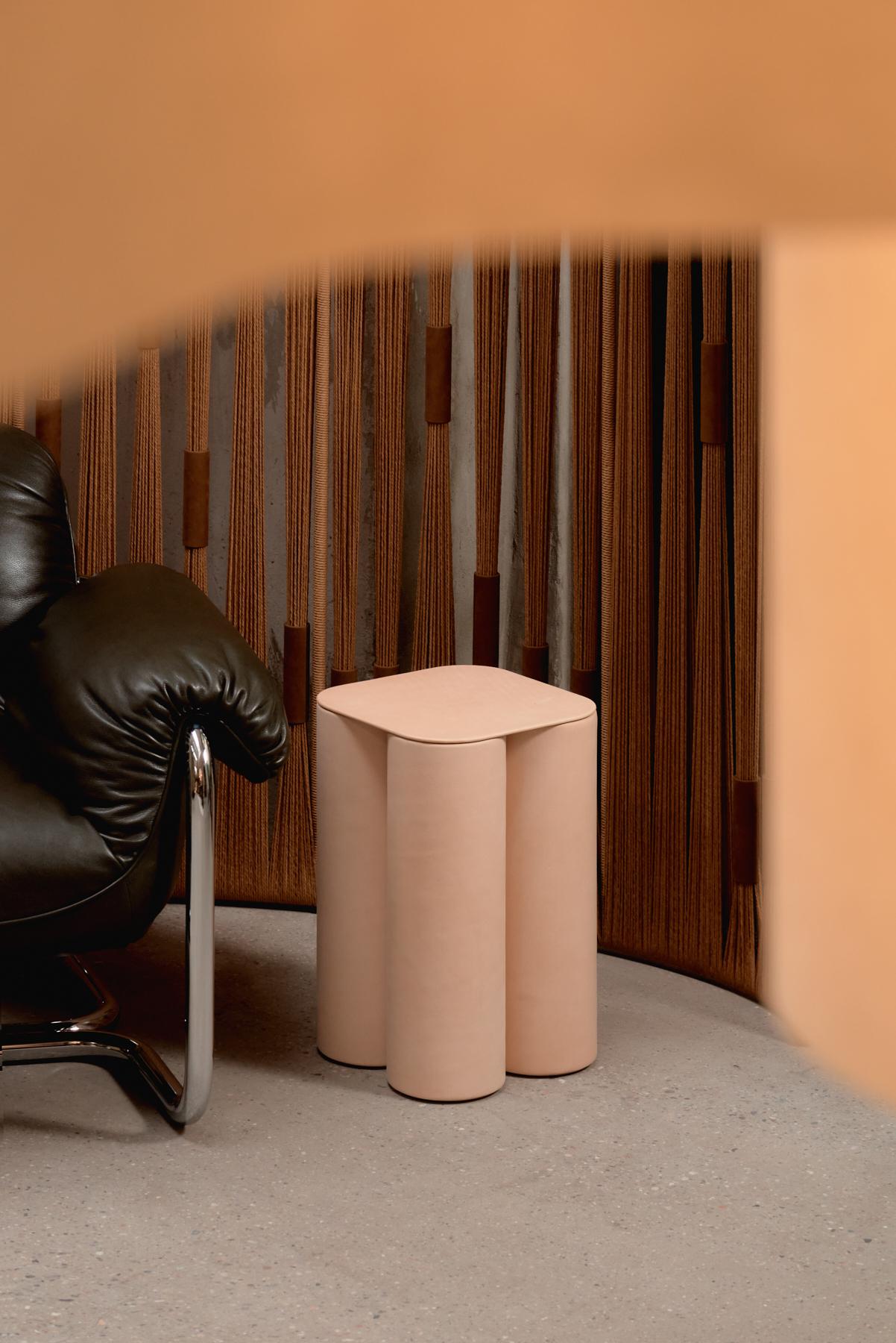 Contemporary Silos Medium Side Table in Steel, Paper & Vegetable Tanned Leather by UNIQKA For Sale
