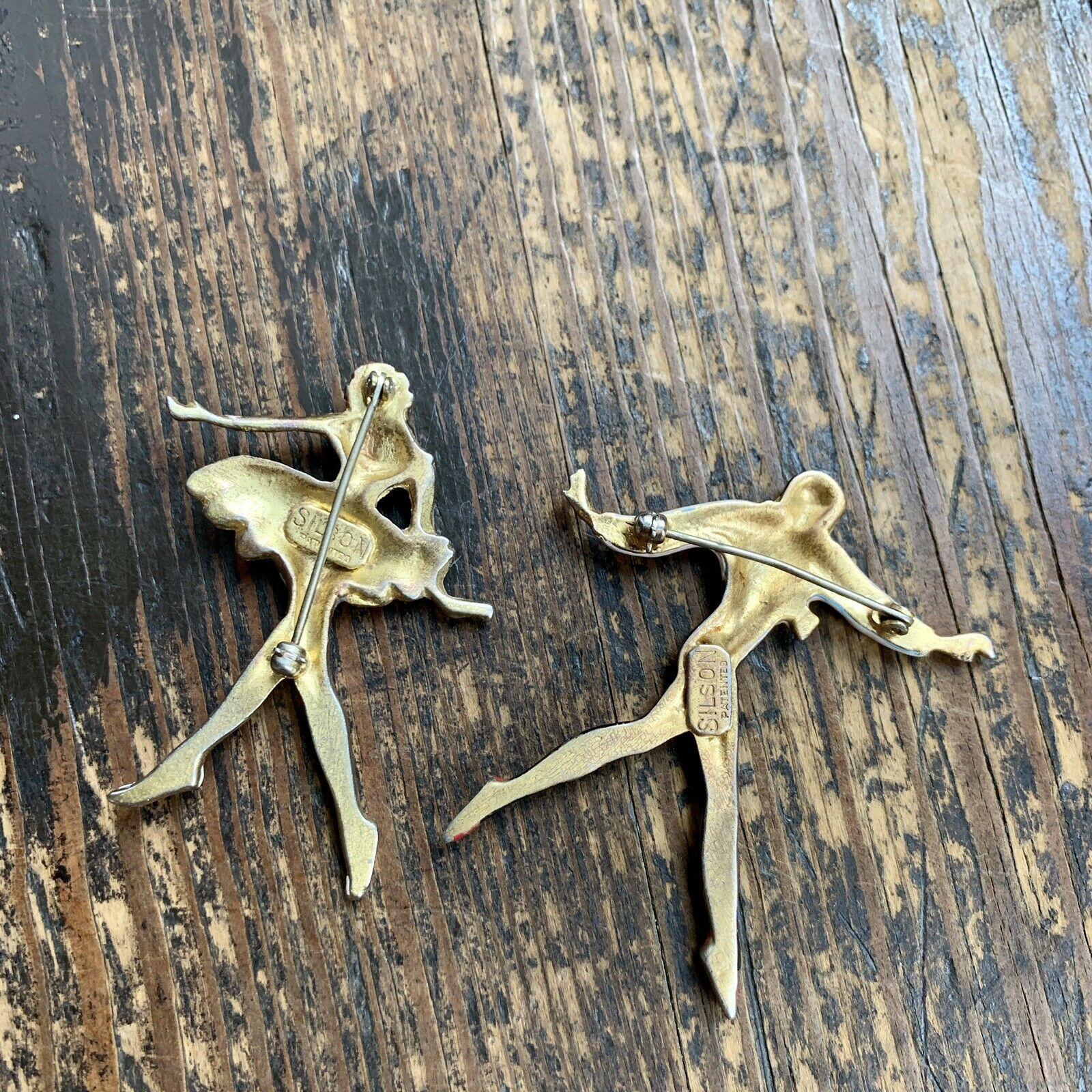 SILSON Gold Enamel Pair of Harlequin Columbine Masked Ballet Dancers Pins 1