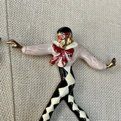 SILSON Gold Enamel Pair of Harlequin Columbine Masked Ballet Dancers Pins