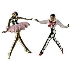 SILSON Gold Enamel Pair of Harlequin Columbine Masked Ballet Dancers Pins