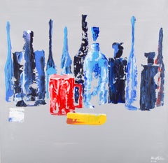 Huile originale sur toile « Blue Bottles », Silu NiuStill Life