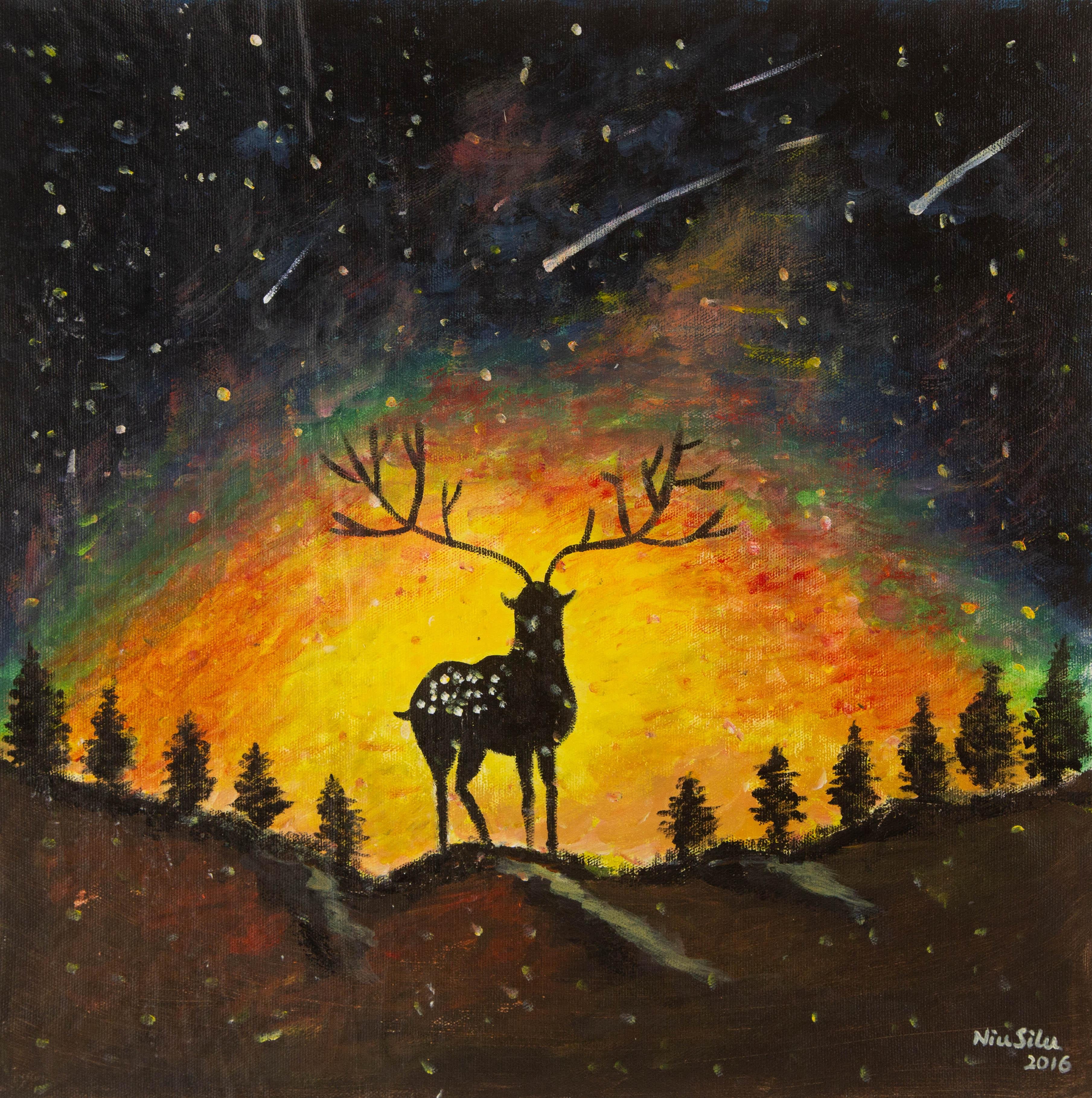 Silu Niu Animal Original Acrylic On Canvas "Deer under the Starsky "