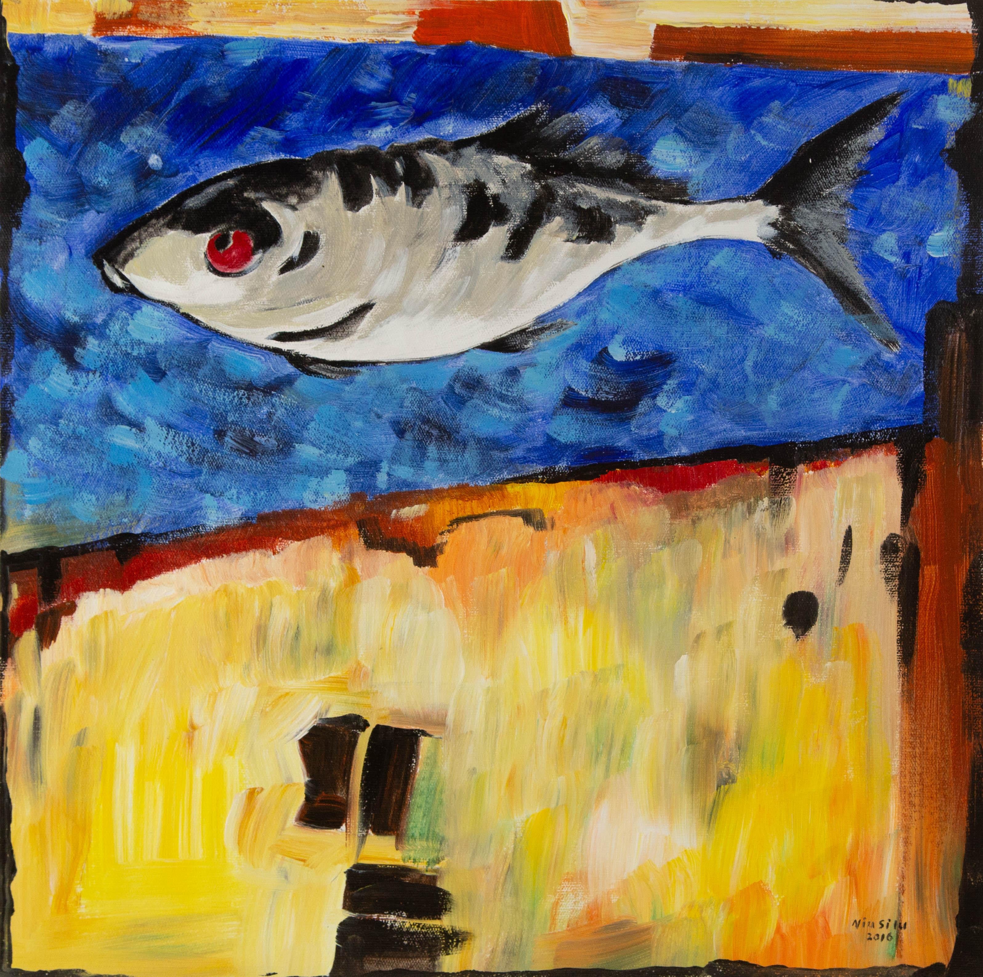  Title: Fish - Blue
 Medium: Oil on canvas
 Size: 19.75 x 19.75 inches
 Frame: Framing options available!
 Condition: The painting appears to be in excellent condition.
 Note: This painting is unstretched, shipped rolled unless stretching/framing is