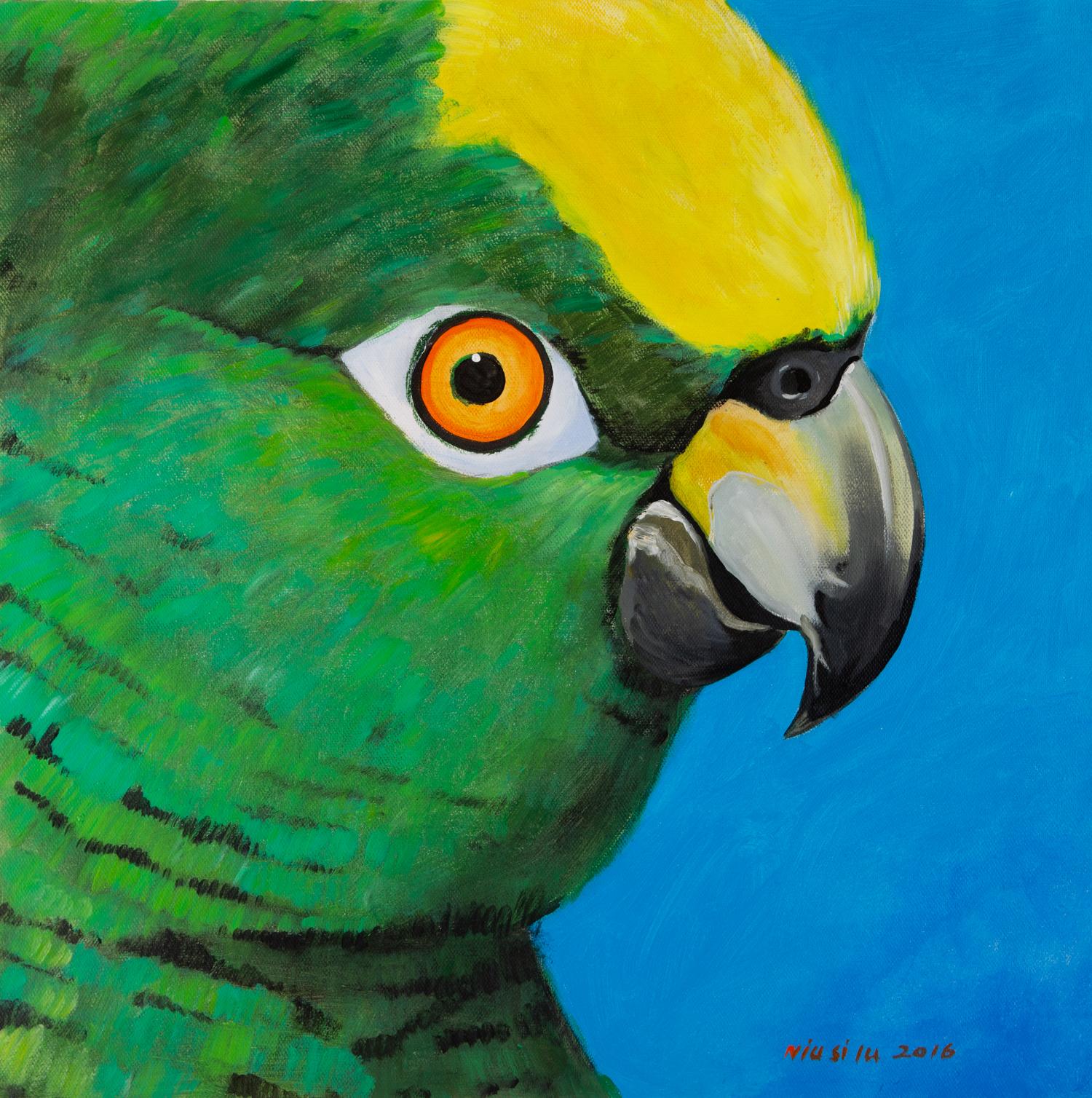  Title: Parrot
 Medium: Oil on canvas
 Size: 20 x 20inches
 Frame: Framing options available!
 Age: 2000s
 Condition: Painting appears to be in excellent condition.
 Note: This painting is unstretched
 Artist: Silu Niu
 Provenance: Direct from the