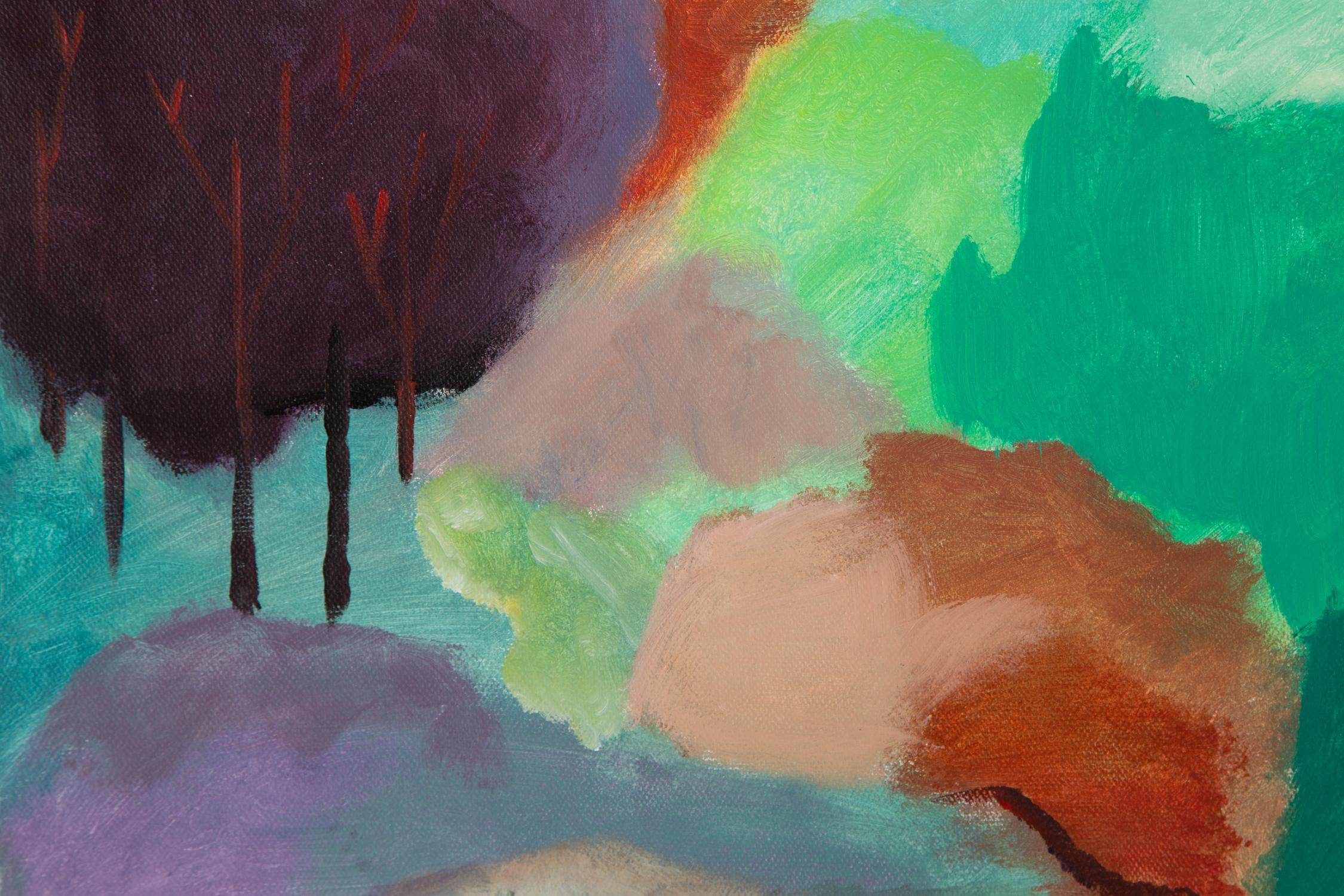  Title: Colorful Mountain 1
 Medium: Oil on canvas
 Size: 20 x 19.75inches
 Frame: Framing options available!
 Age: 2000s
 Condition: Painting appears to be in excellent condition.
 Note: This painting is unstretched
 Artist: Silu Niu
 Provenance: