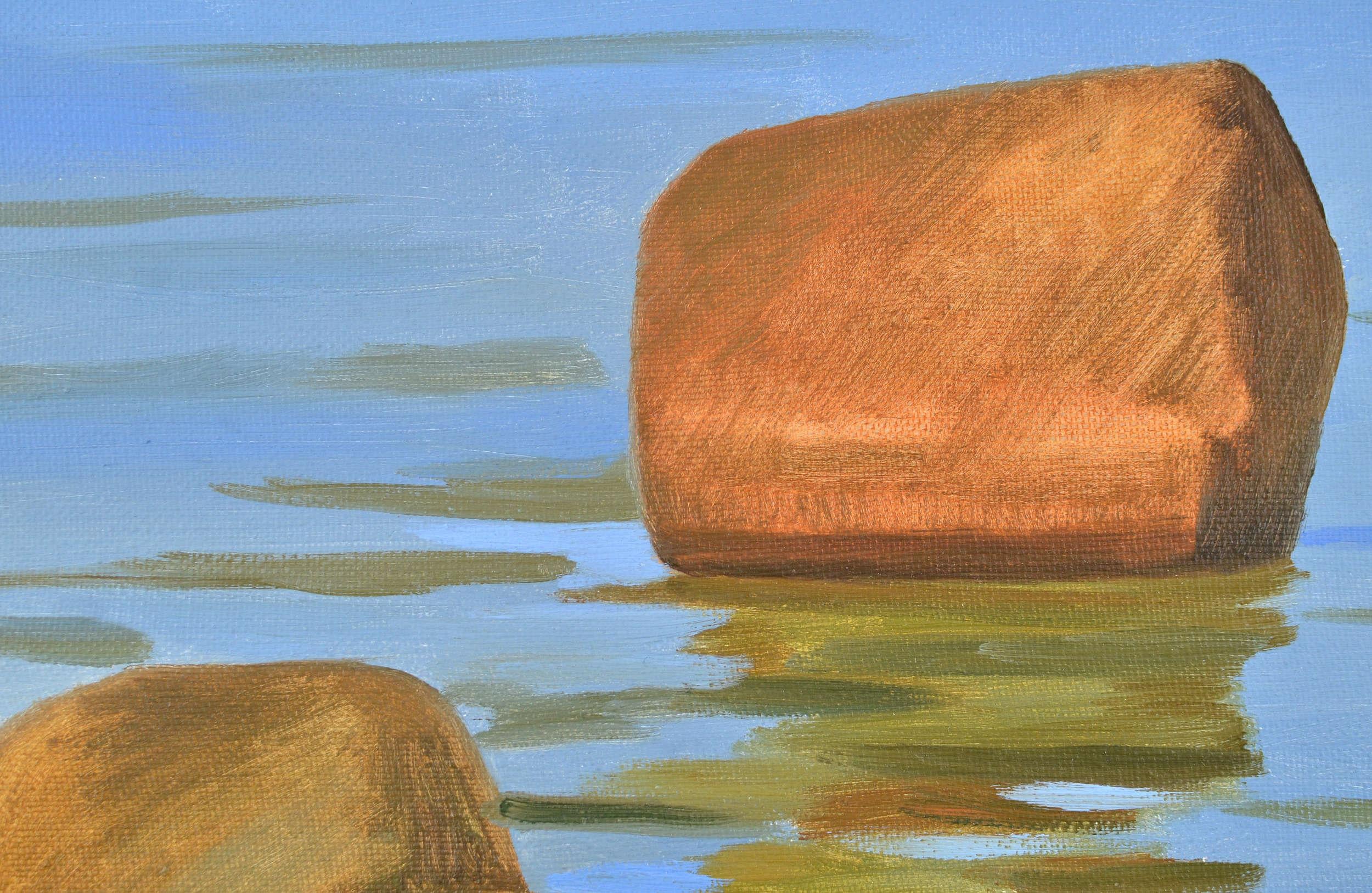 Stones, oil, canvas, with frame 66x56cm - Blue Landscape Painting by Silva Eher