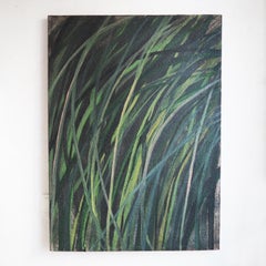 Drive - Acrylique et huile sur toile de chanvre, réalisme abstrait dans les tons verts