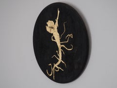 Round Black Wooden Wall Art with Gold Leaf Walnut Root, Signed