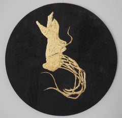 Iris Root - Pintura Abstracta Negra con Hoja de Oro sobre Panel de Madera Lujo contemporáneo