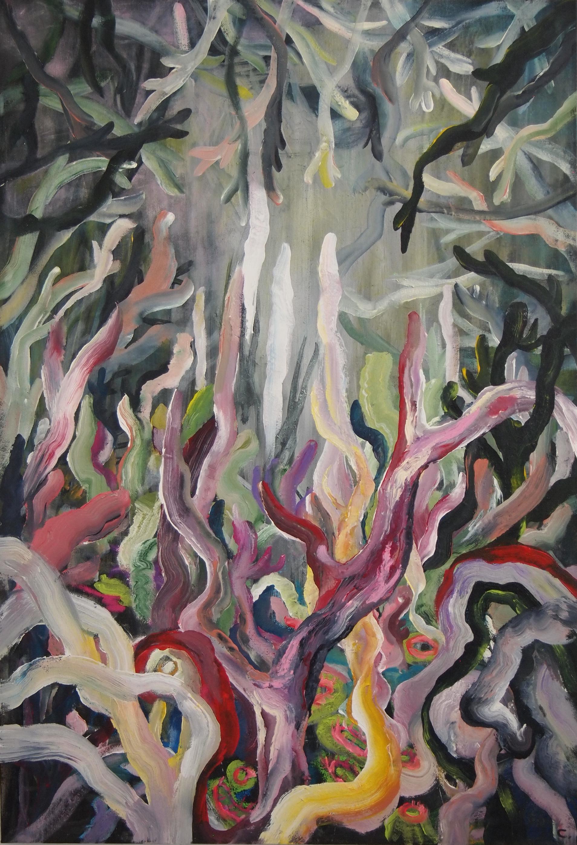 Large Colorful Coral Abstract Underwater Painting in Green Blue Pink