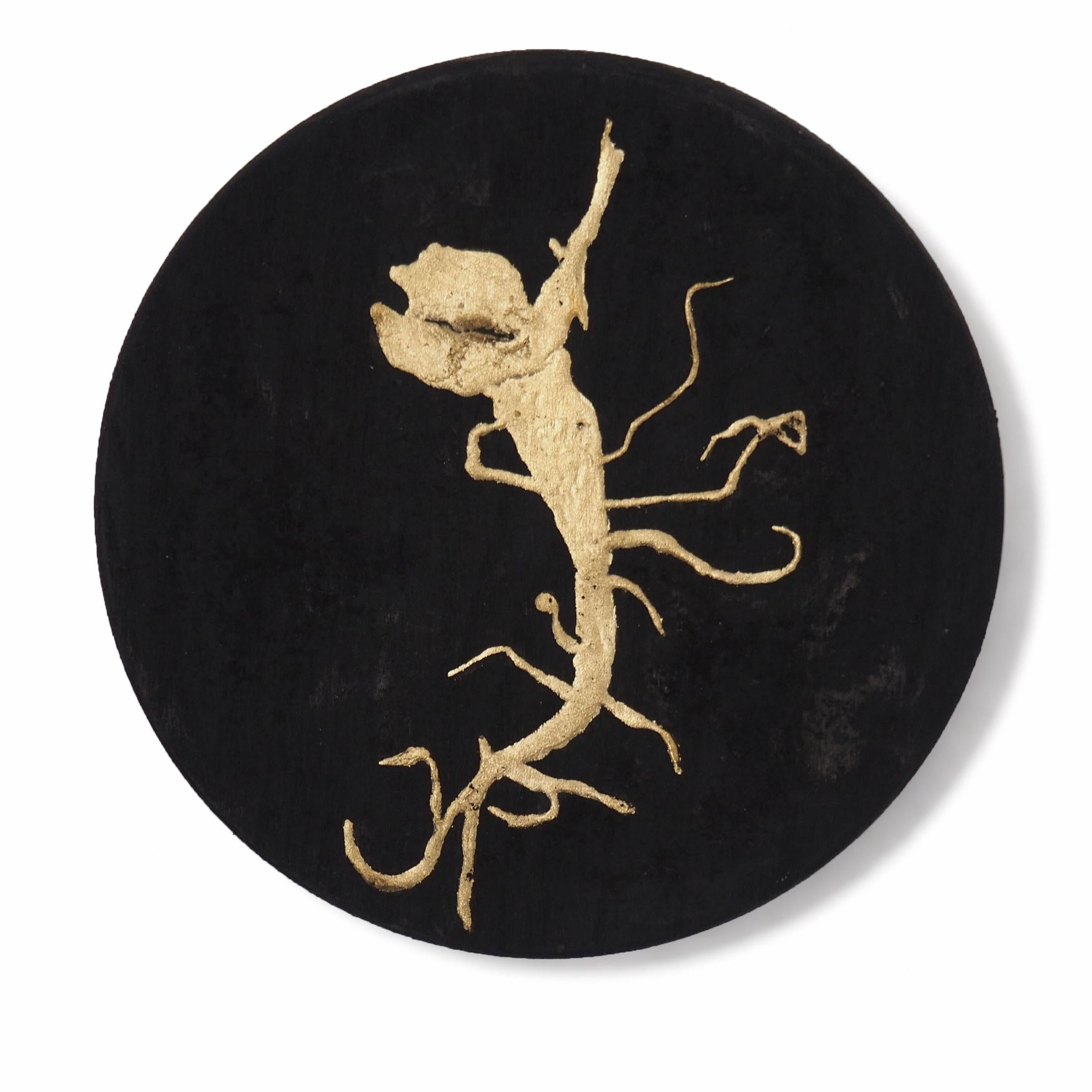 This contemporary botanical drawing is part of the series "Golden Roots" by Silvana Ilieva — a body of three-dimensional abstract paintings created on a black relief wooden surface and gilded with gold leaf. This botanical artwork depicts the root