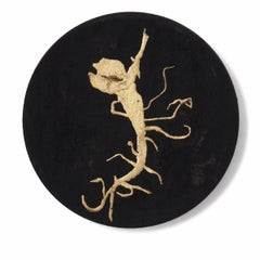 Round Black Wooden Wall Art with Gold Leaf Walnut Root, Signed