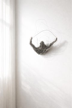 Minimalist Abstract Metal Wire Embroidery Wall Sculpture in Silver “Prayer”