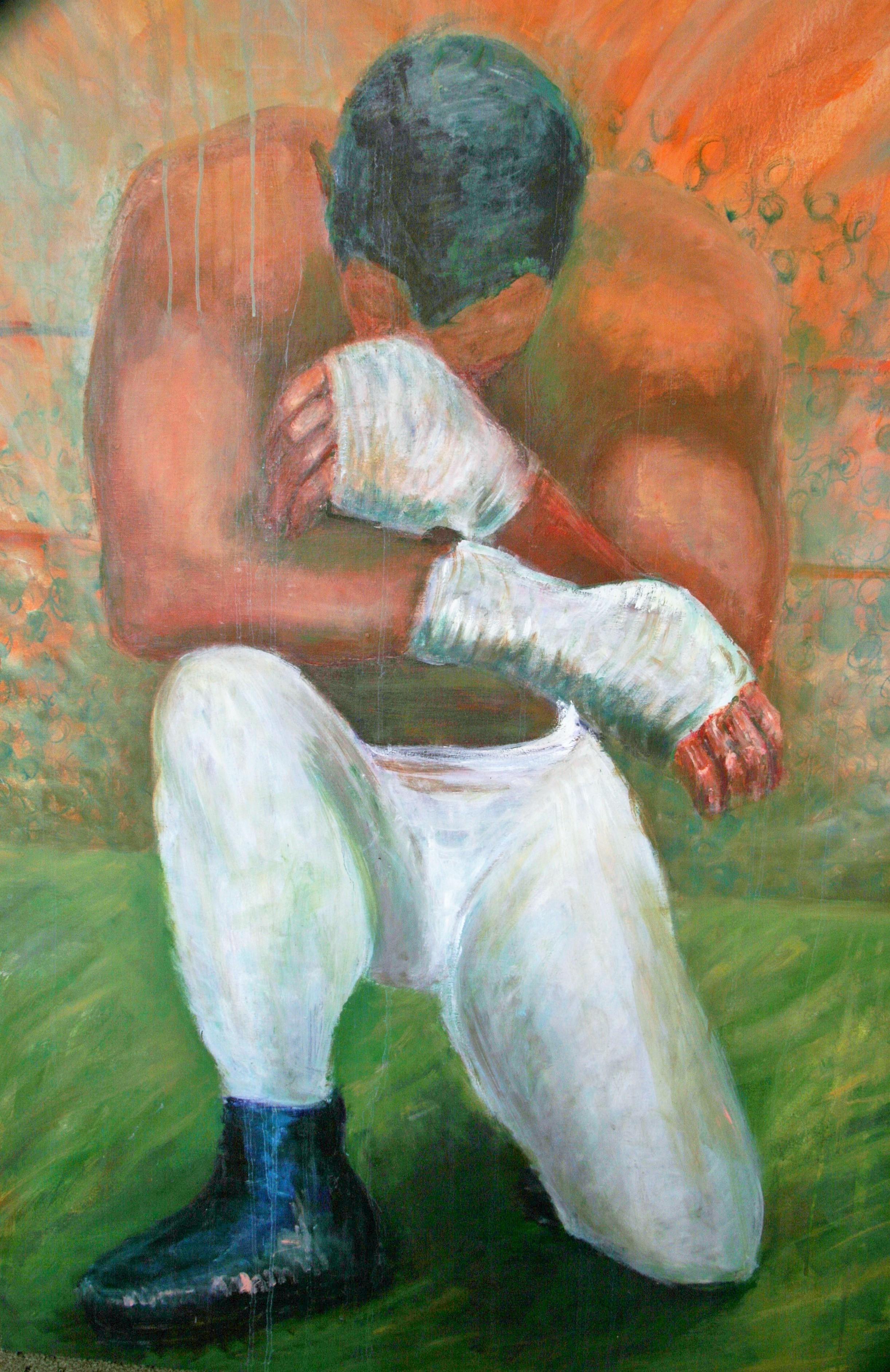   Boxer Before The Fight   - Brown Figurative Painting by Silvana Liotti