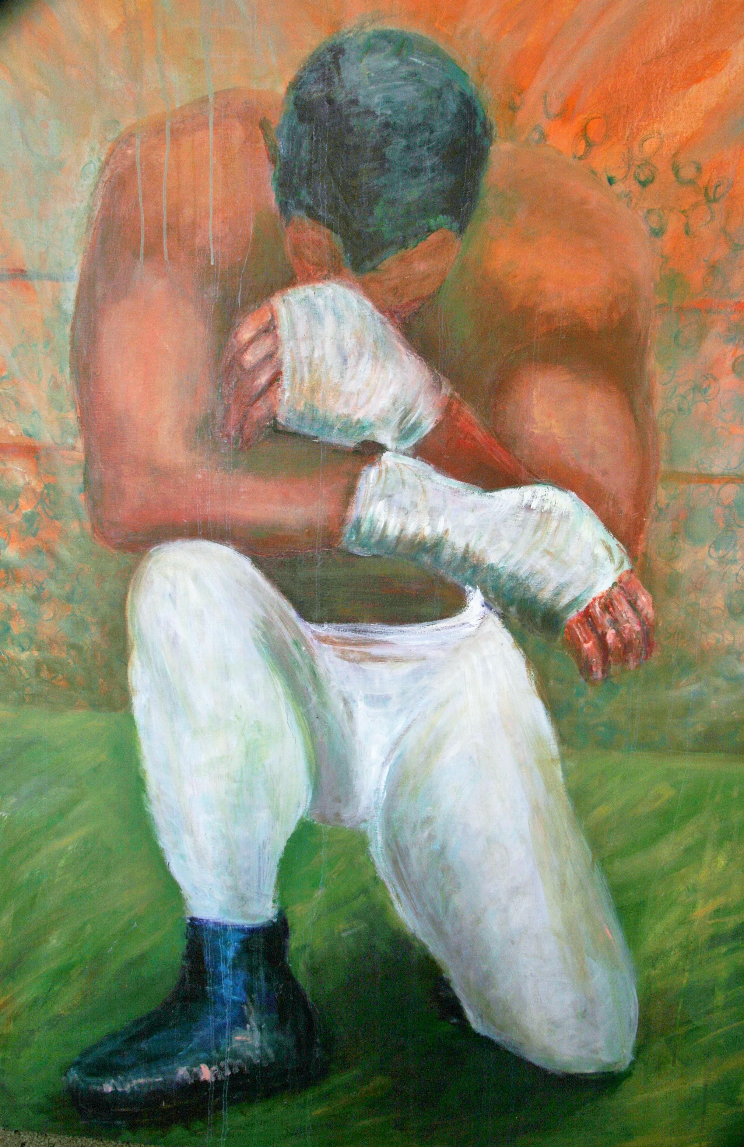 Boxer Before The Fight - Brown Figurative Painting by Silvana Liotti