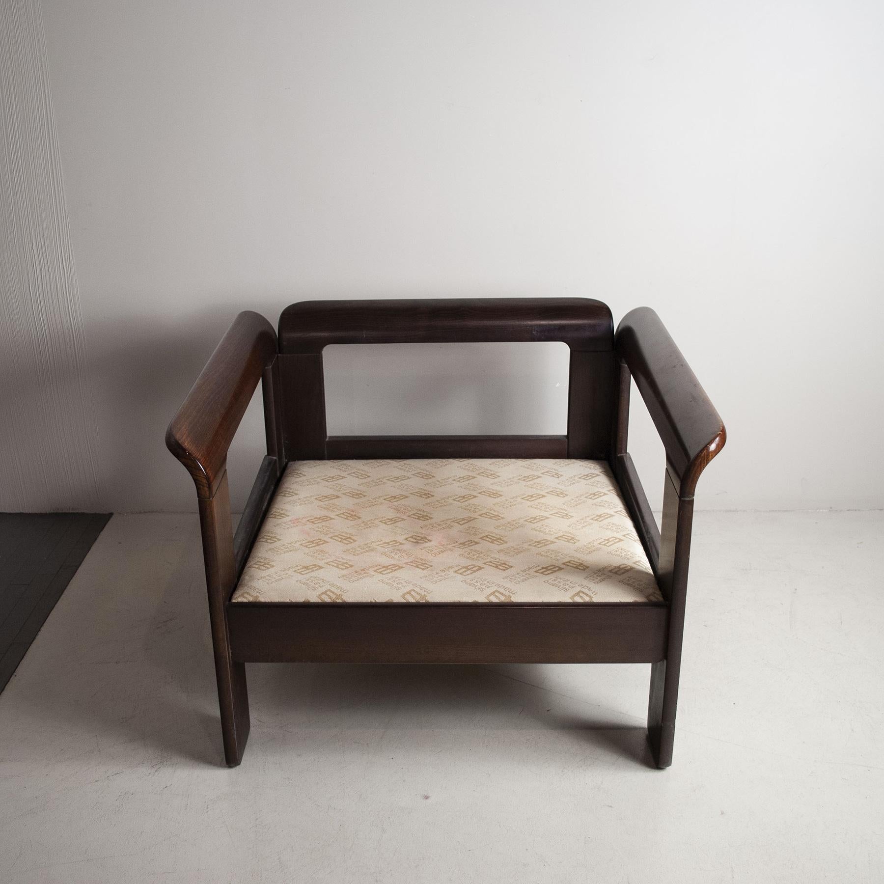 Armchair walnut wood frame fabric seats production 1970s designer Silvano Passi.