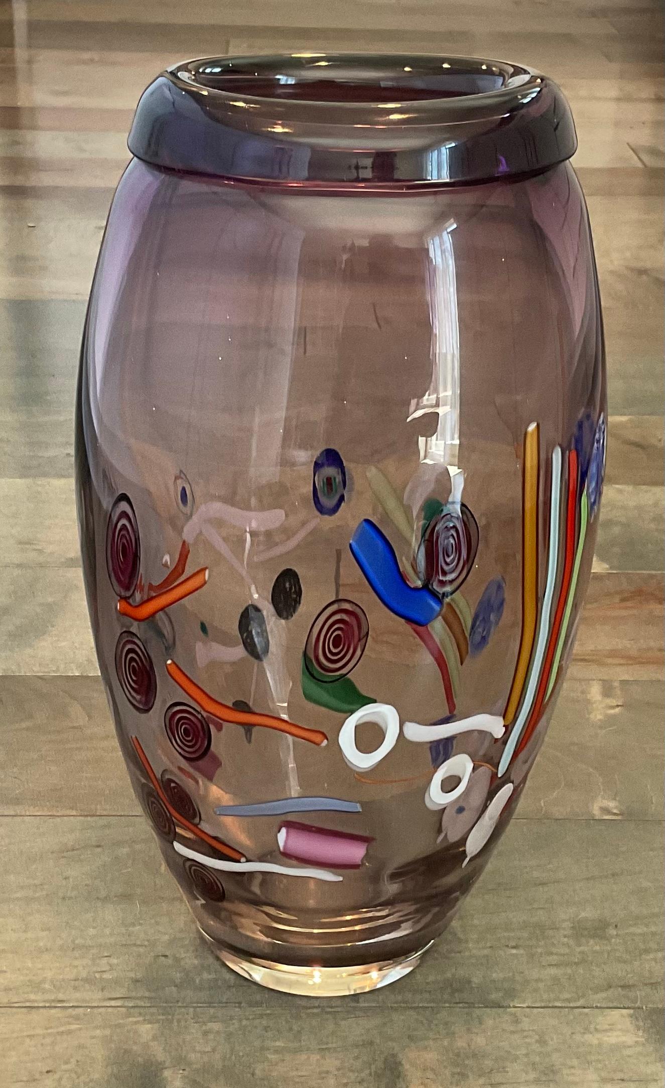 Silvano Signoretto Signed Large Murano Art Glass Vase with Murrine Decoration In Good Condition For Sale In Ann Arbor, MI