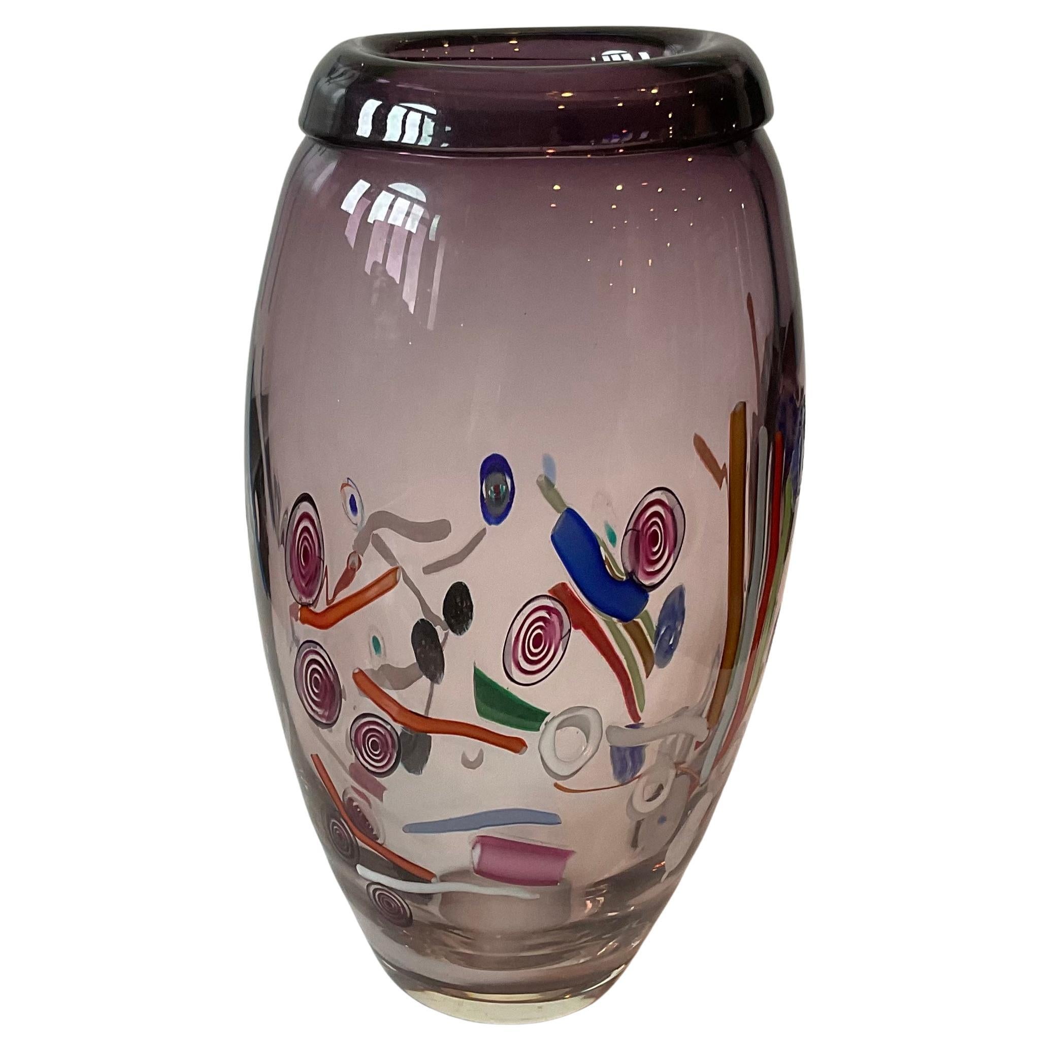 Grand vase d'art en verre de Murano signé Silvano Signoretto avec décoration de murrine 
