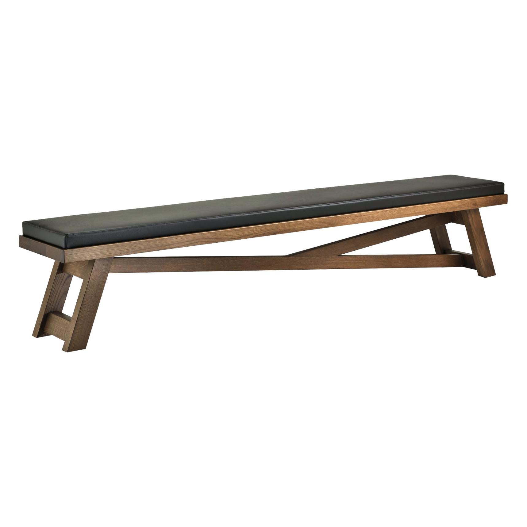 SILVANUS Black Solid Oak Long Bench with Upholstered Seat (Banc long en chêne massif avec assise rembourrée)