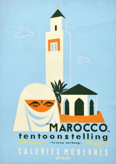 Affiche vintage originale du Maroc, exposition en Afrique du Nord, vente Galeries modernes 