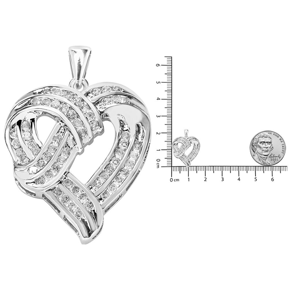 Silver 1 1/4 Carat Round Diamond Openwork Ribbon Weave Heart Pendant Necklace In New Condition For Sale In New York, NY