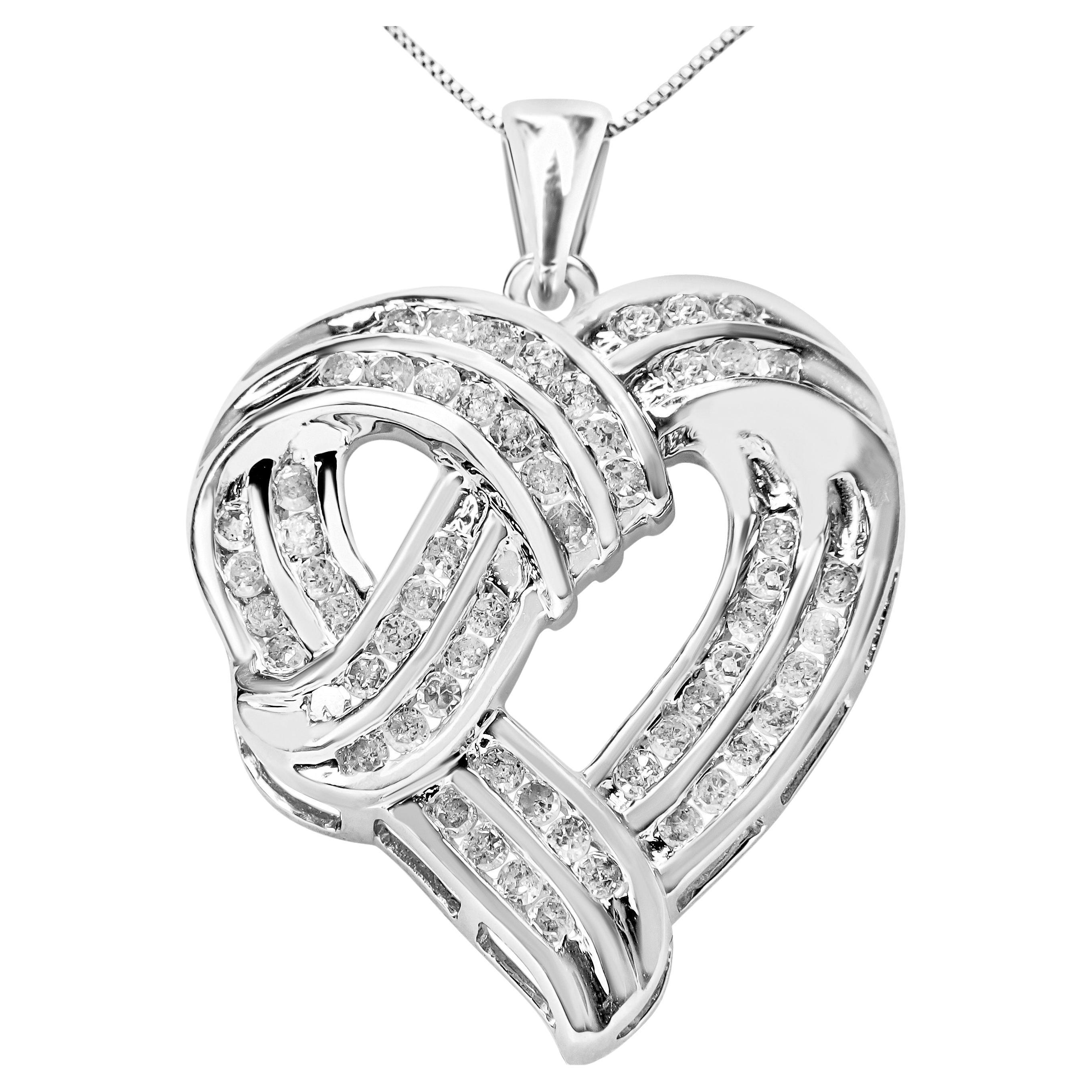 Silver 1 1/4 Carat Round Diamond Openwork Ribbon Weave Heart Pendant Necklace